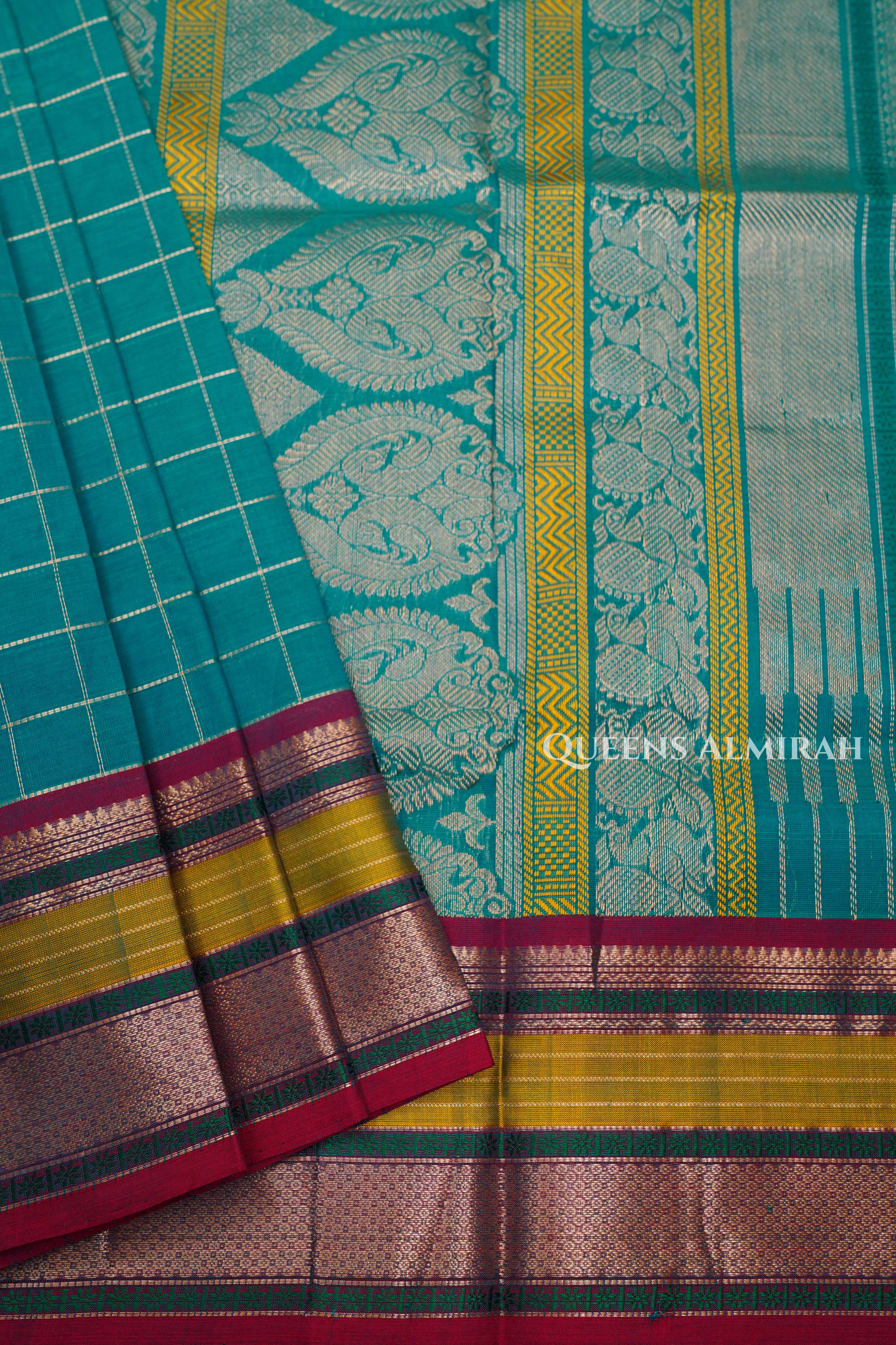 Bluish Green-Karaikudi Chettinad Silk Cotton Saree