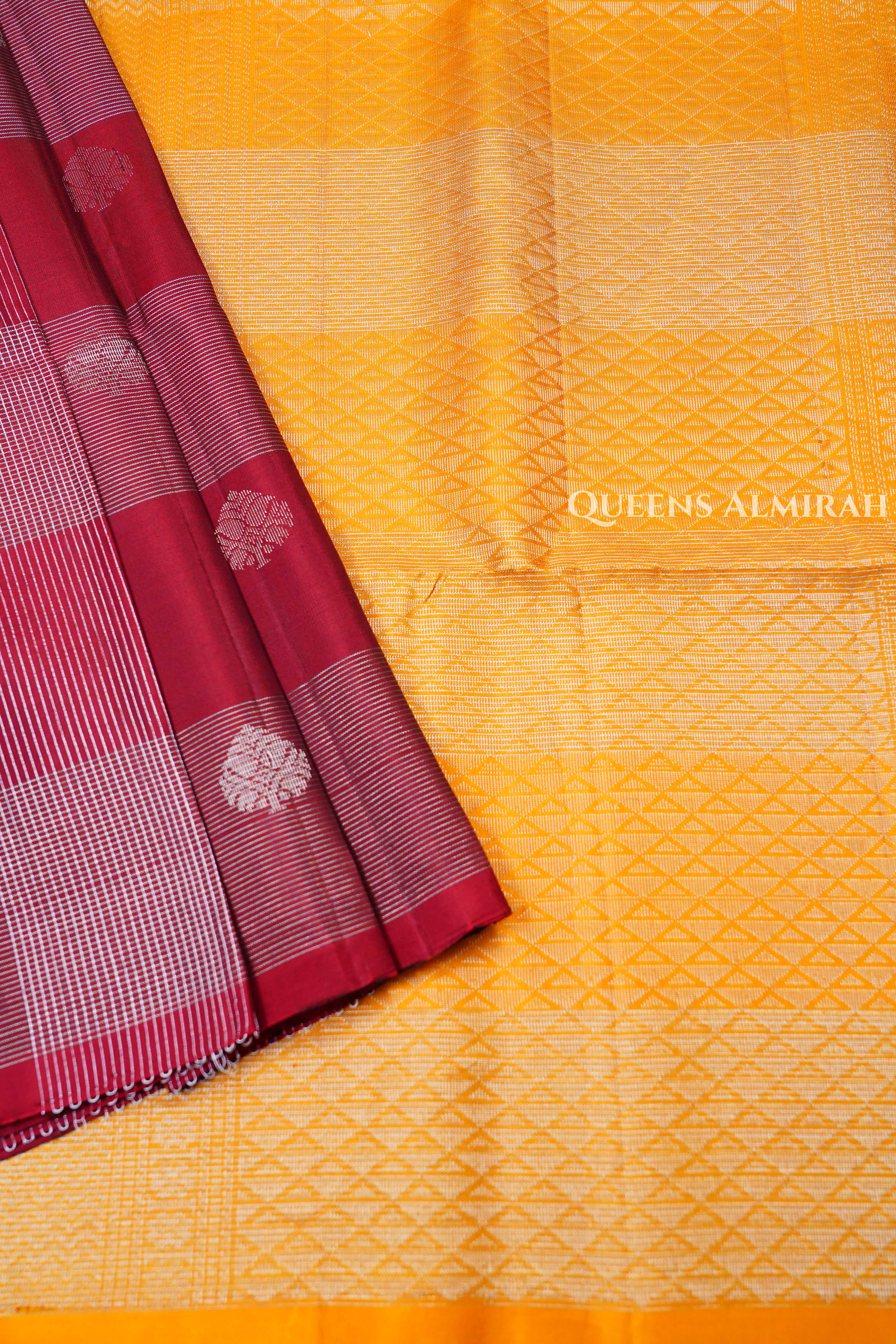 Wine Red With Yellow Pure Soft Silk Saree