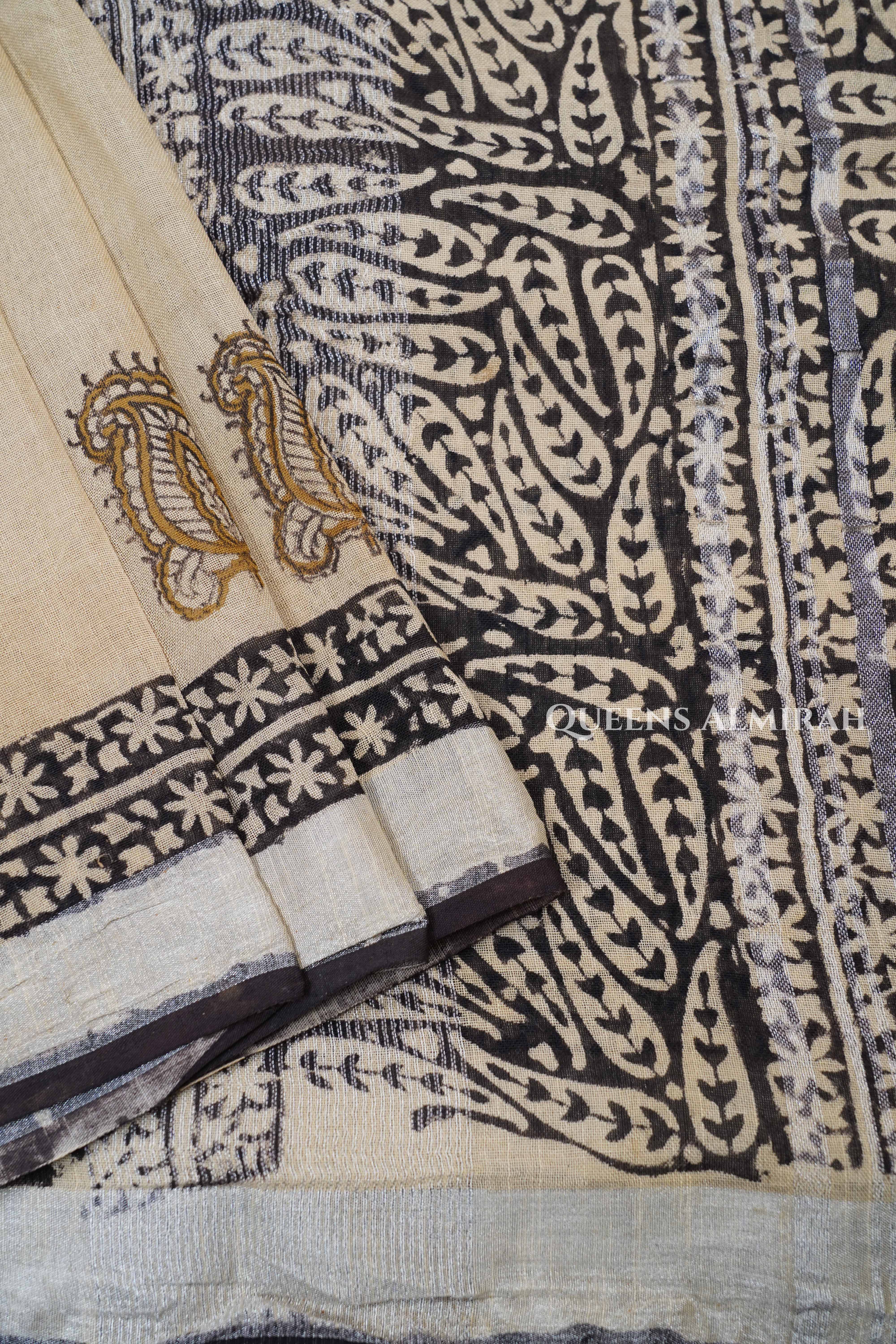 Pale Vanilla With Black Linen Cotton Saree