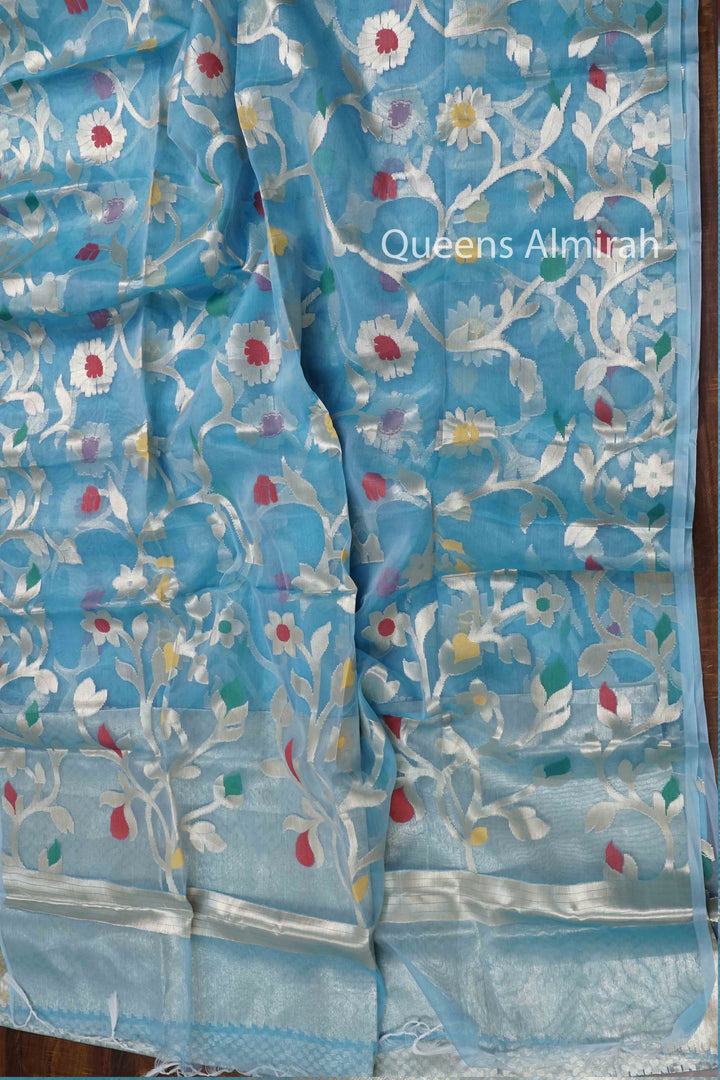 DUSKY BLUE MUSLIN JAMDANI SAREE - Queens Jewel Emporium