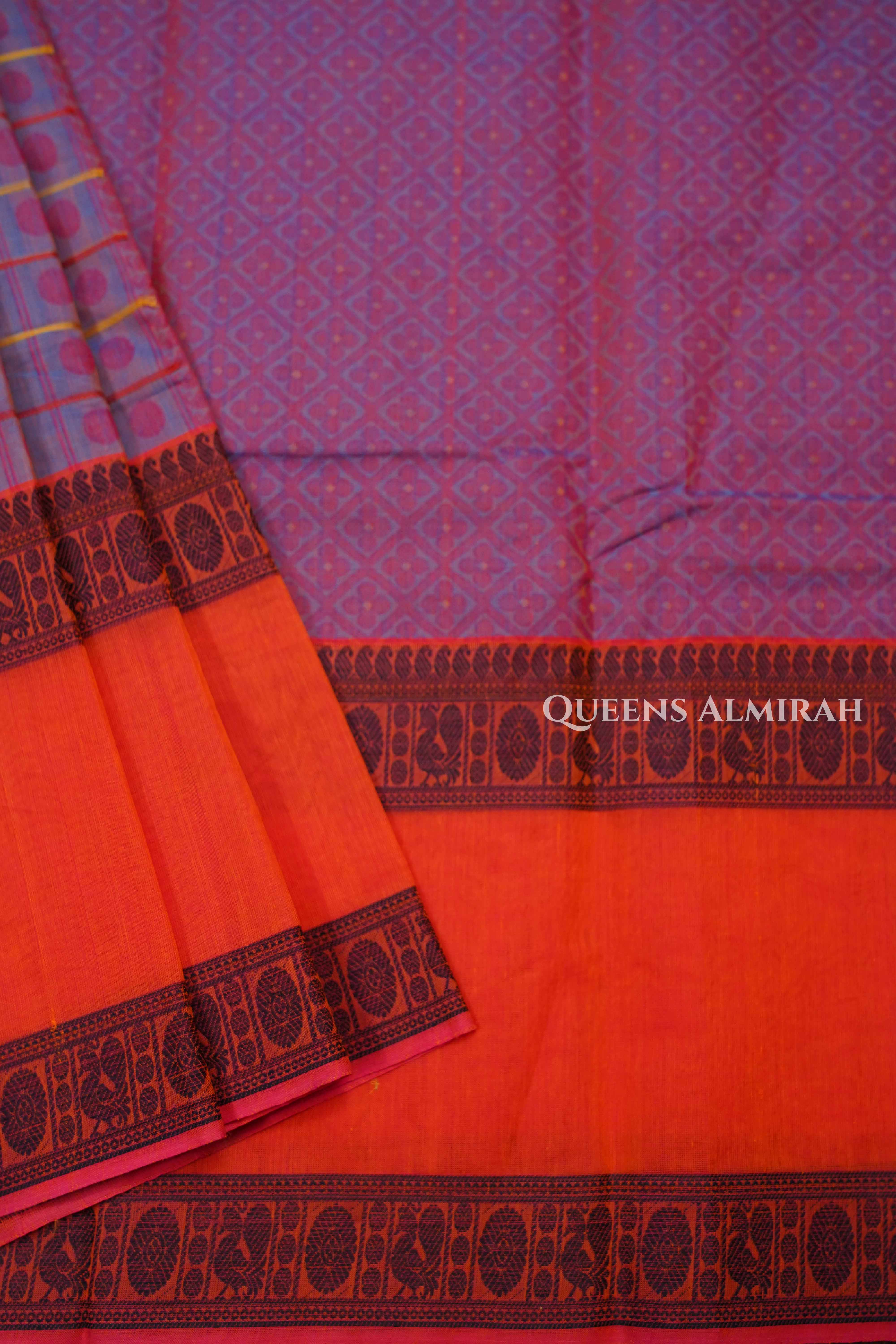 Dusky Purple With Orange  Chettinad Cotton Saree