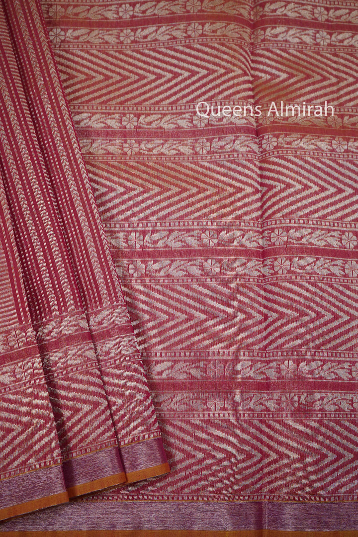 DARK CORAL PURE BANARASI SILK COTTON SAREE - Queens Jewel Emporium