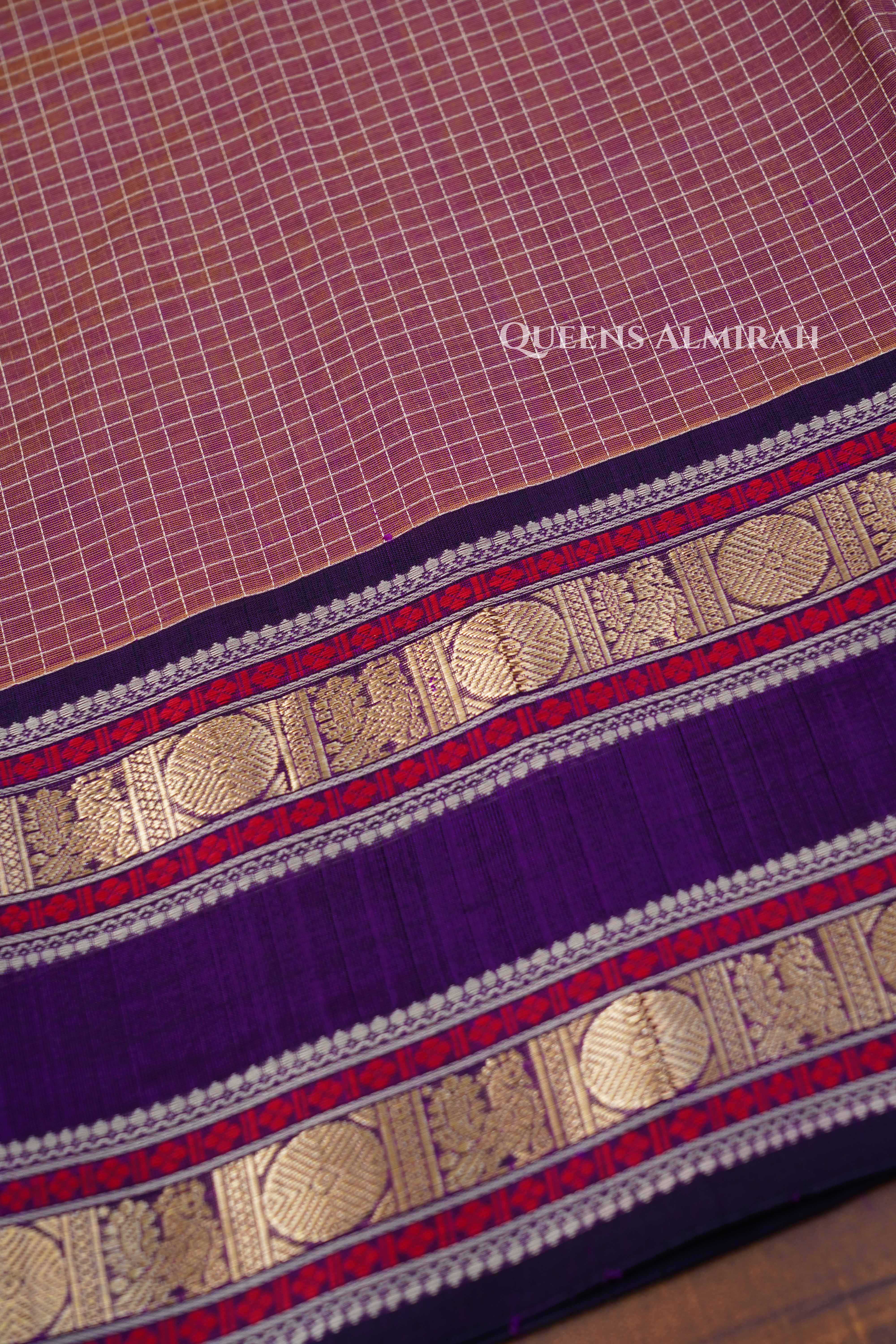 Pastel Pink With Dark Purple - Karaikudi Chettinad Silk Cotton Saree