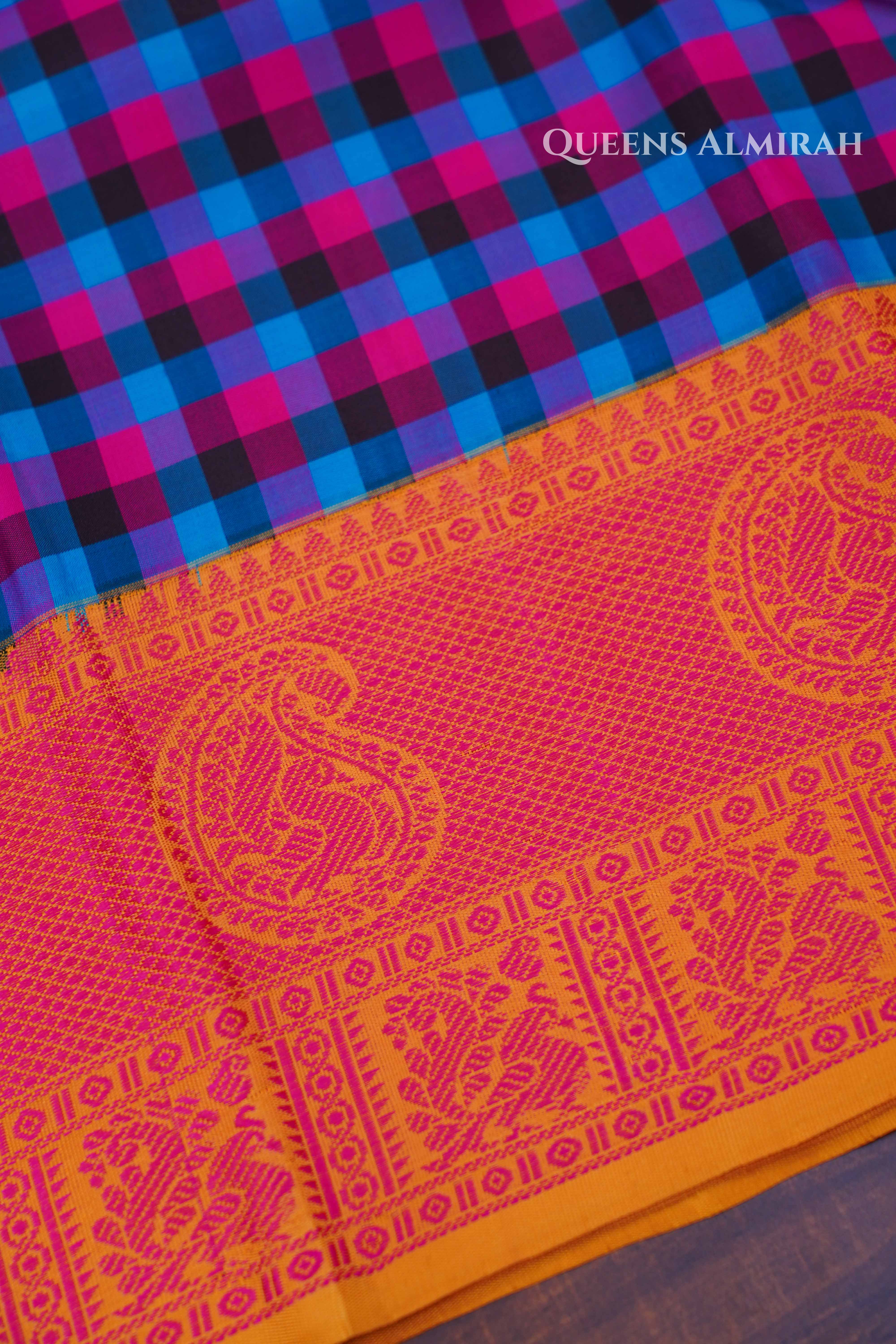 Blue With Pink Checks Kuravanji Silk Saree