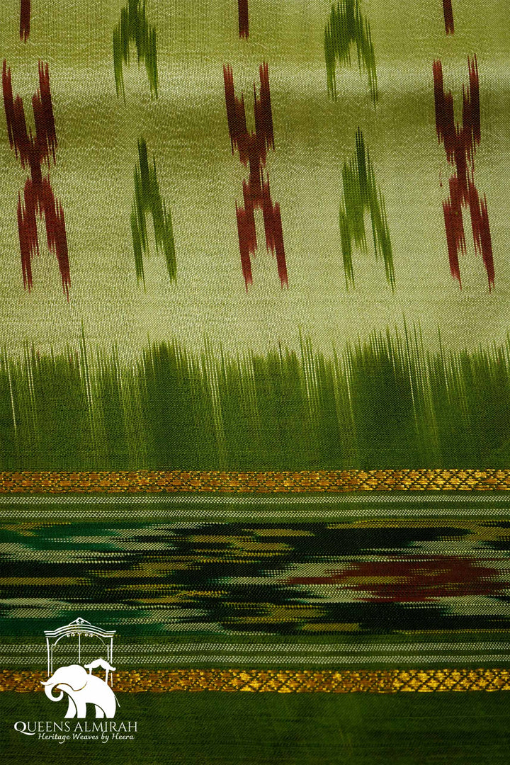 LIGHT OLIVE GREEN WITH PICKLE GREEN MULBERRY SILK SAREE - Queens Jewel Emporium