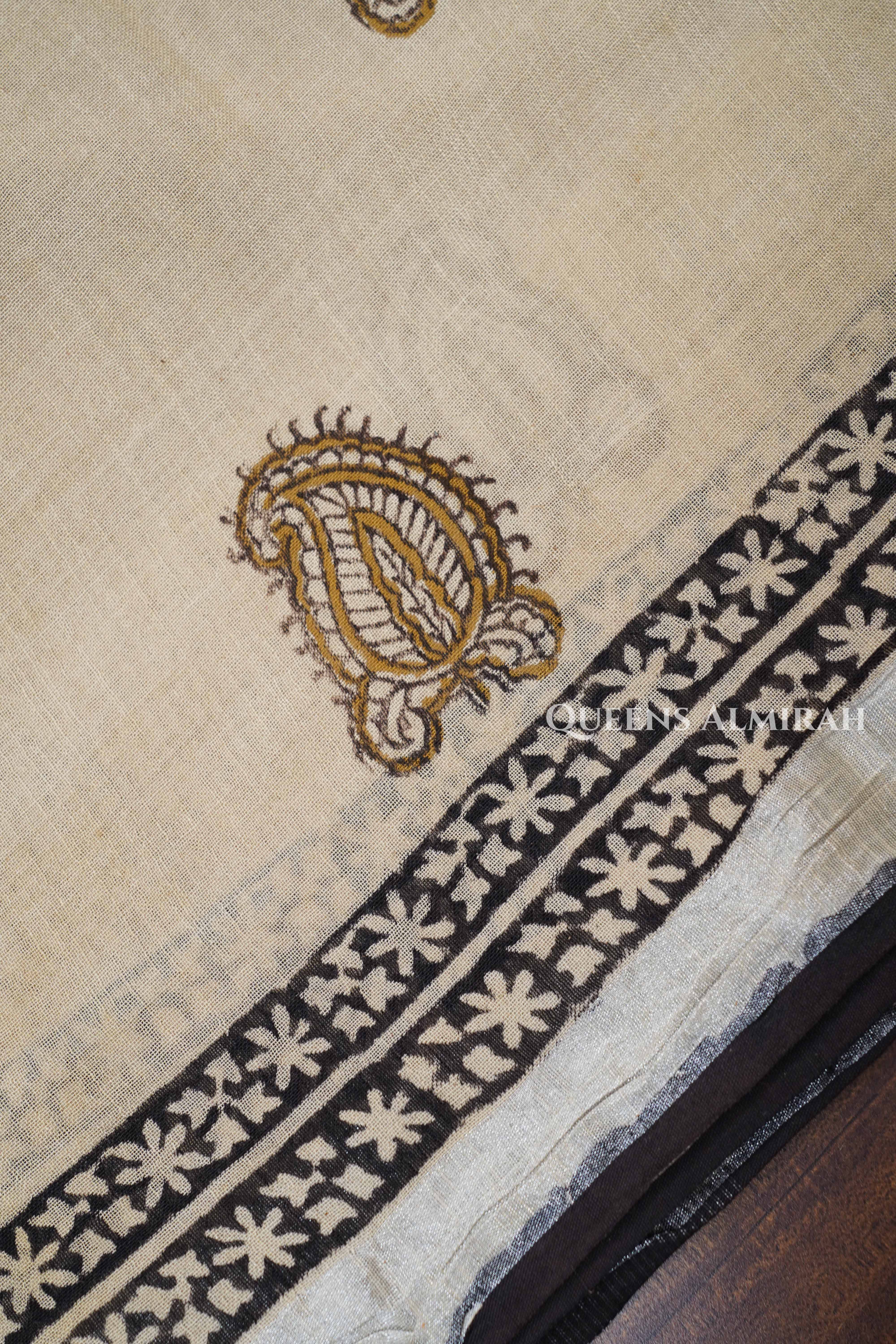 Pale Vanilla With Black Linen Cotton Saree