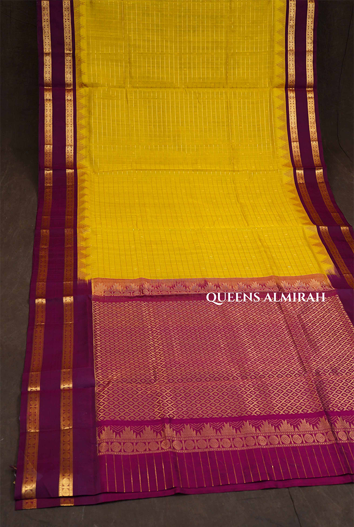 Lime Yellow Kattam Butta With Maroon Gap Border Pure Silk Cotton Saree