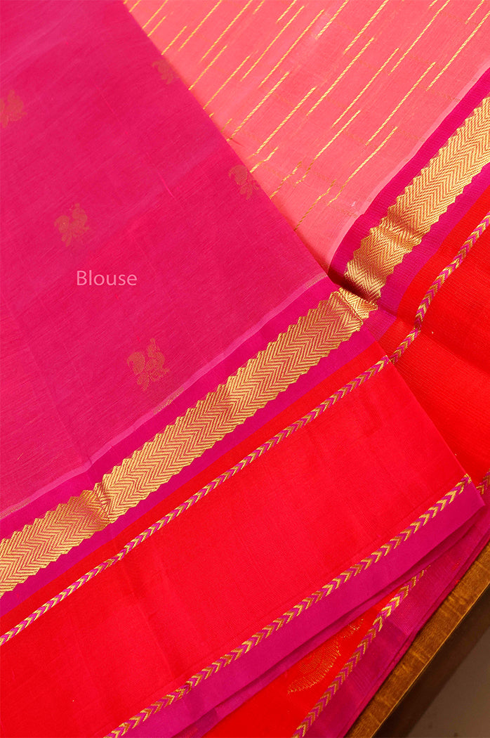 Rose Milk Pink With Red Peacock Border Pure Silk Cotton Saree