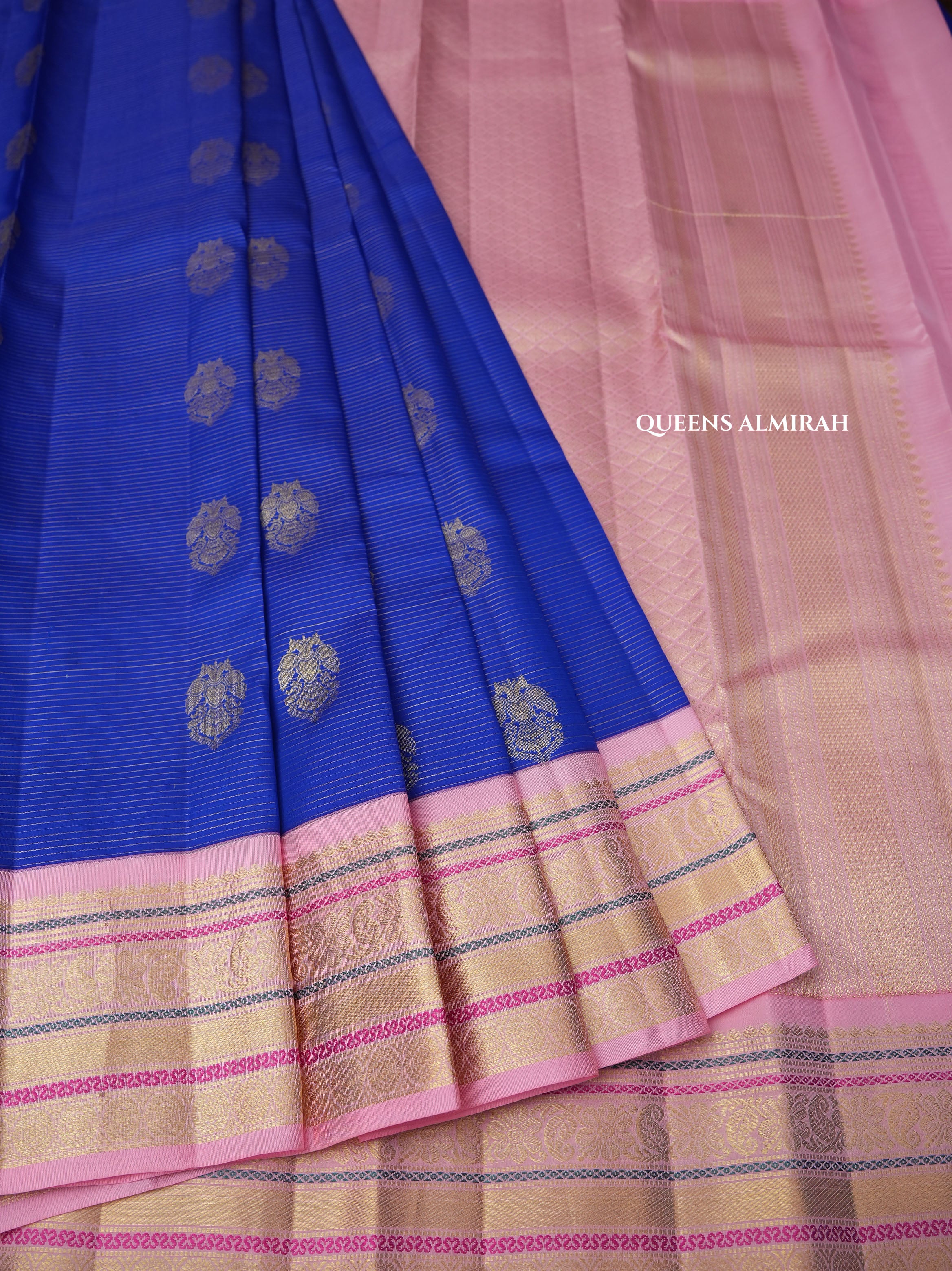 Ms Blue With Rose Milk Pink Pure Kanchivaram Silk Saree