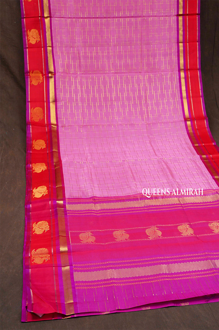 Rose Milk Pink With Red Peacock Border Pure Silk Cotton Saree