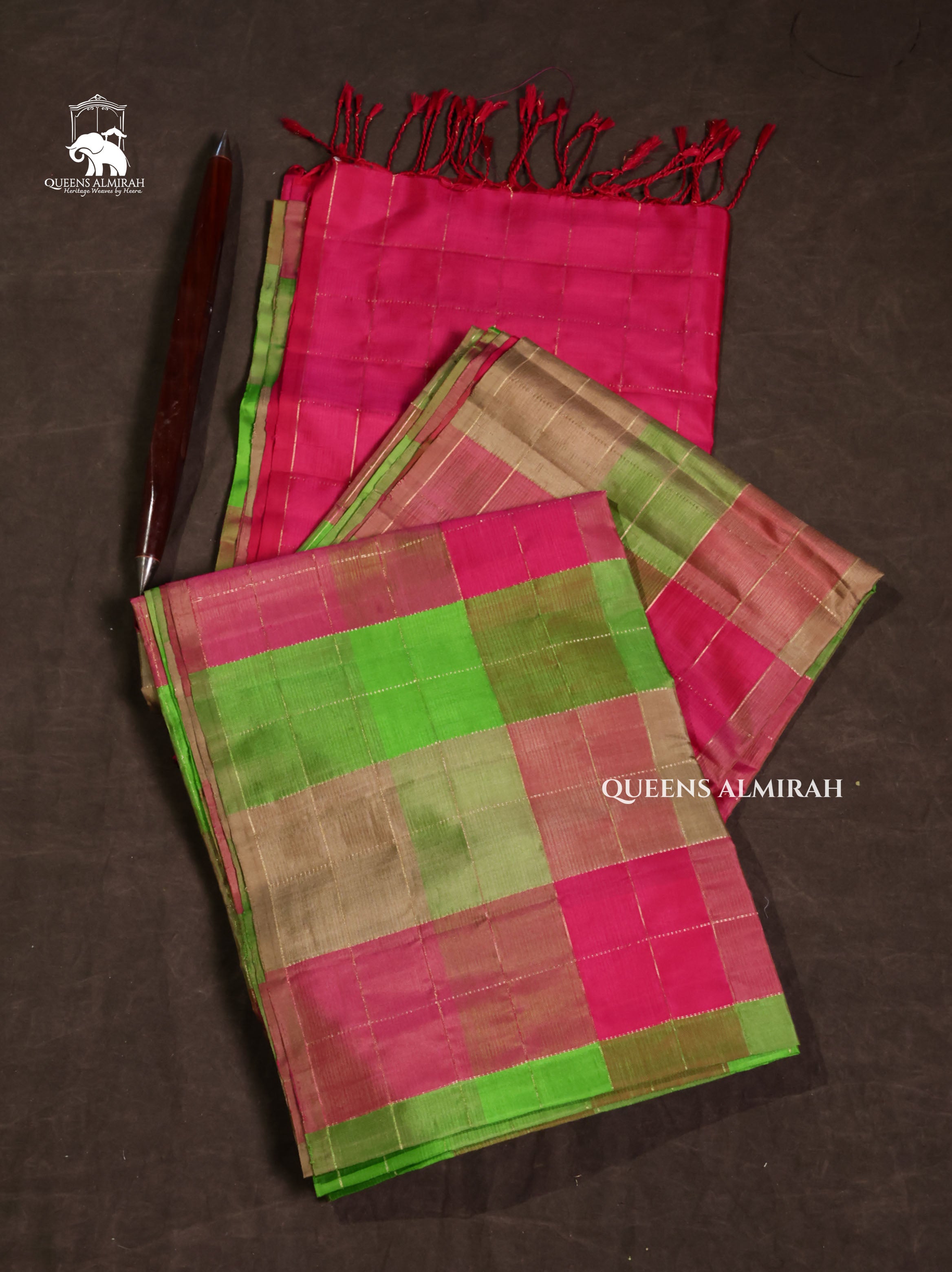 Parrot Green With Pink Checks Pure Soft Silk Saree