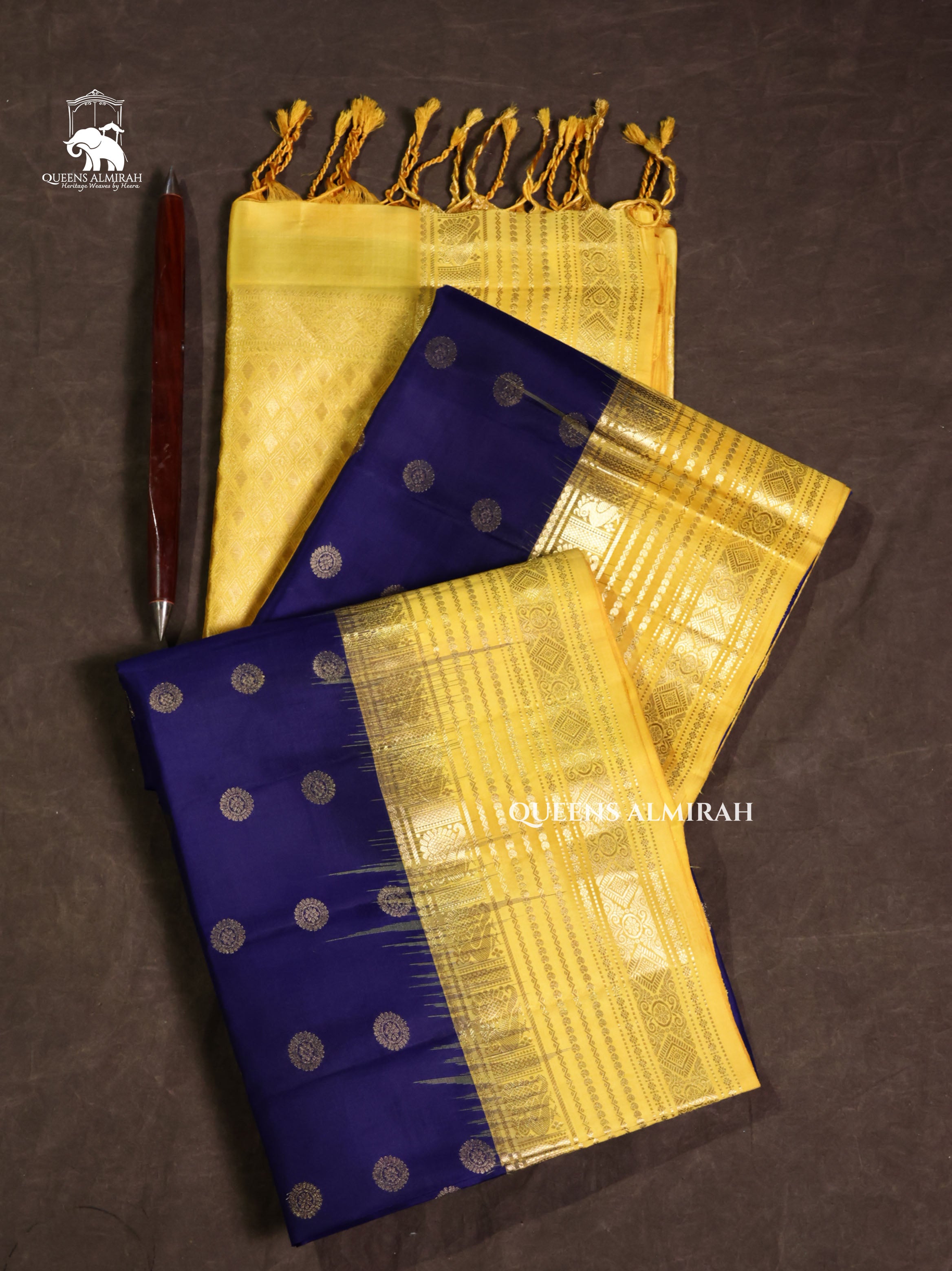 Navy Blue With Yellow Pure Soft Silk Saree