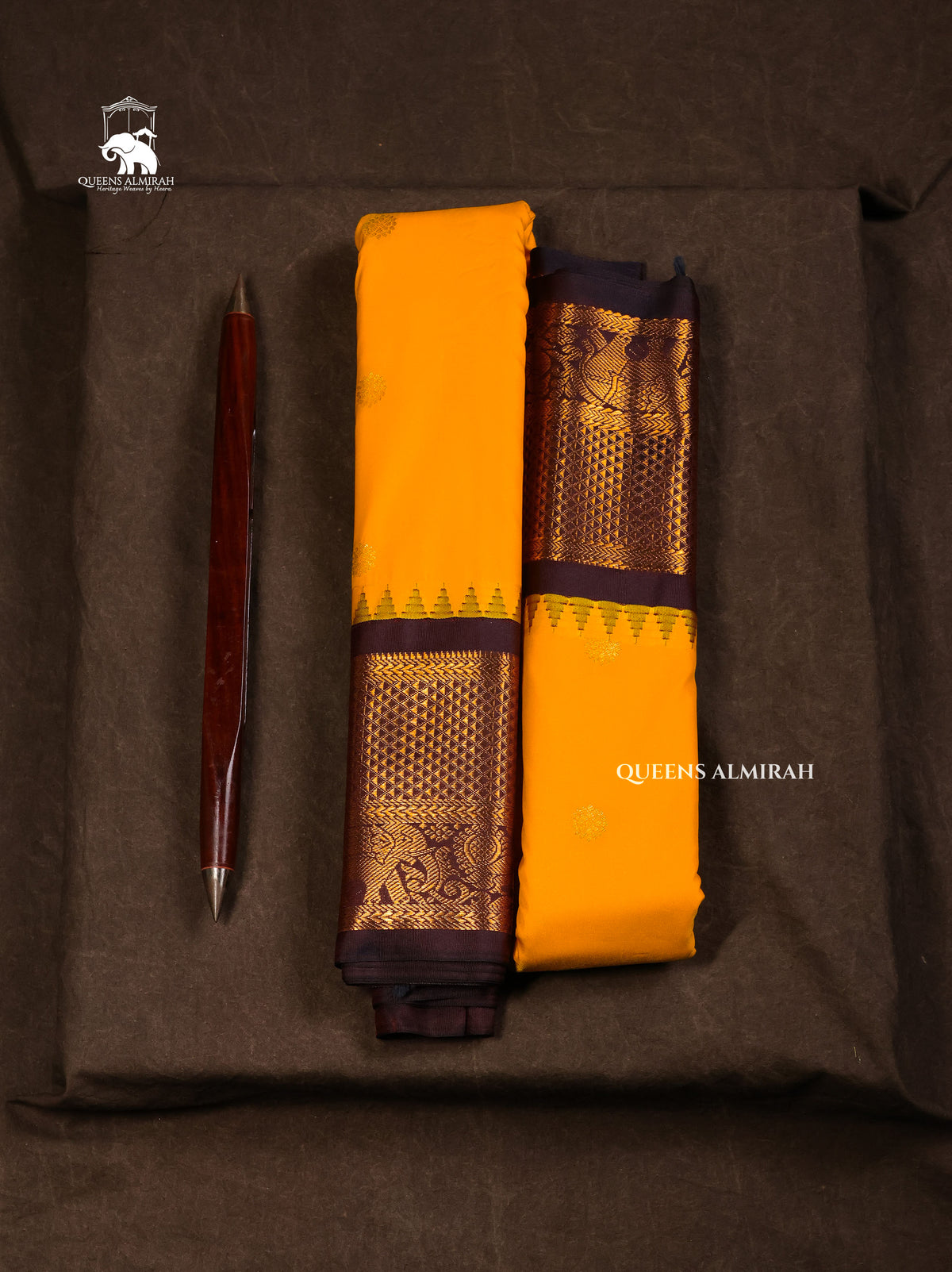 Yellow With Brown Semi Gadwal Silk Saree