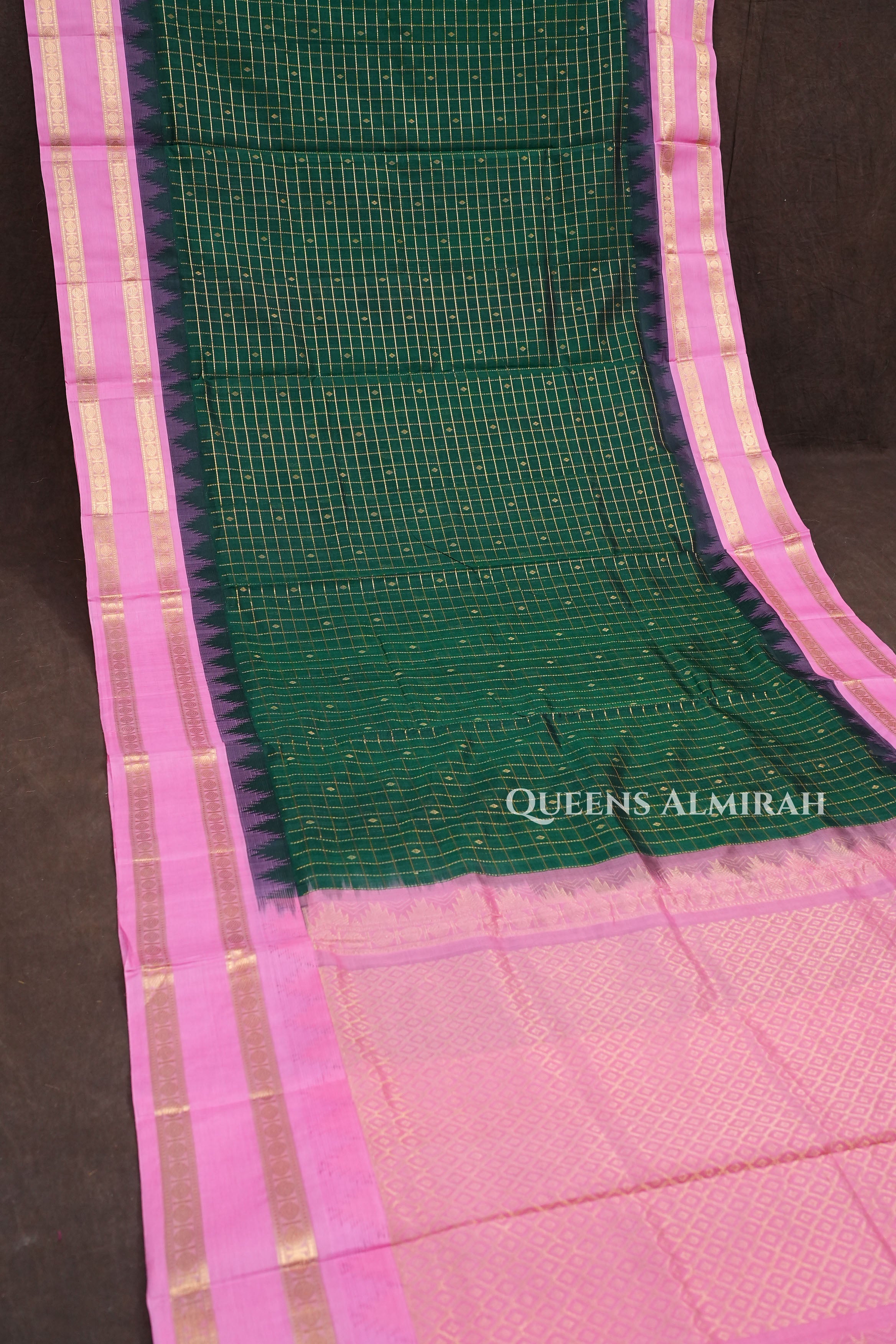 Bottle Green Kattam With Lotus Pink Pure Silk Cotton Saree