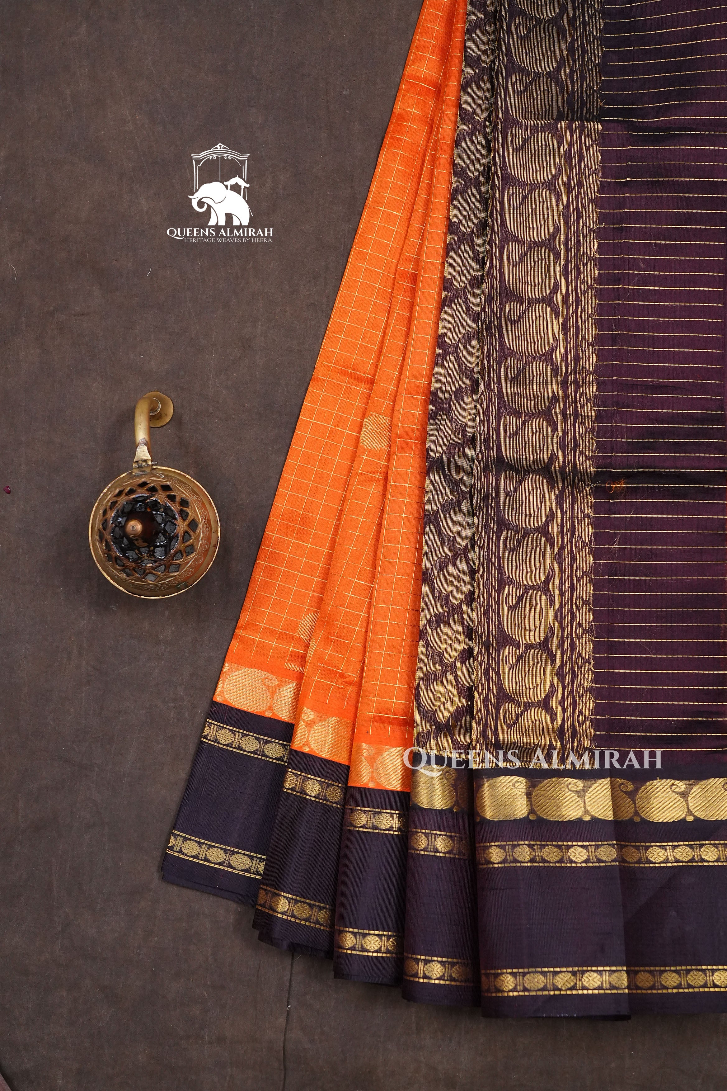 Orange Kattam With Cocoa Bean Rettapet Border Pure Kanchi Silk Cotton Saree