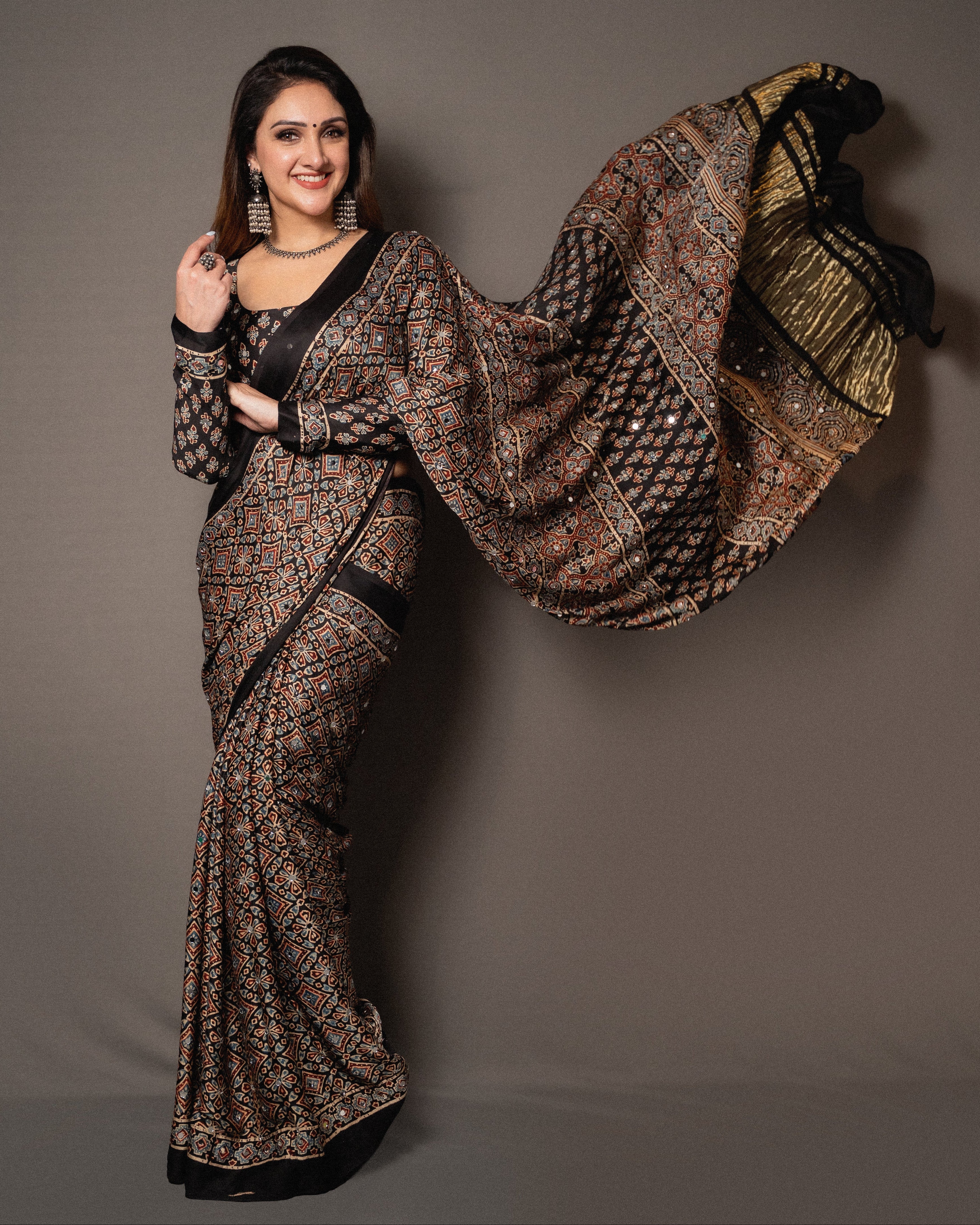 Sridevi  Ajrakh Mirror Work Modal Silk Saree