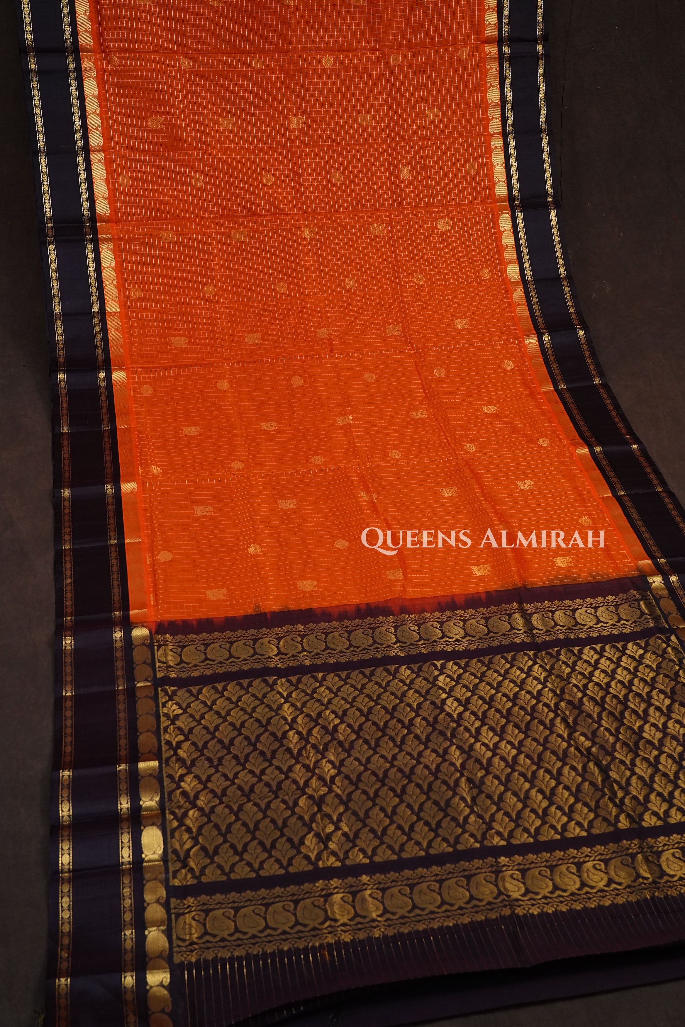 Orange Kattam With Cocoa Bean Rettapet Border Pure Kanchi Silk Cotton Saree