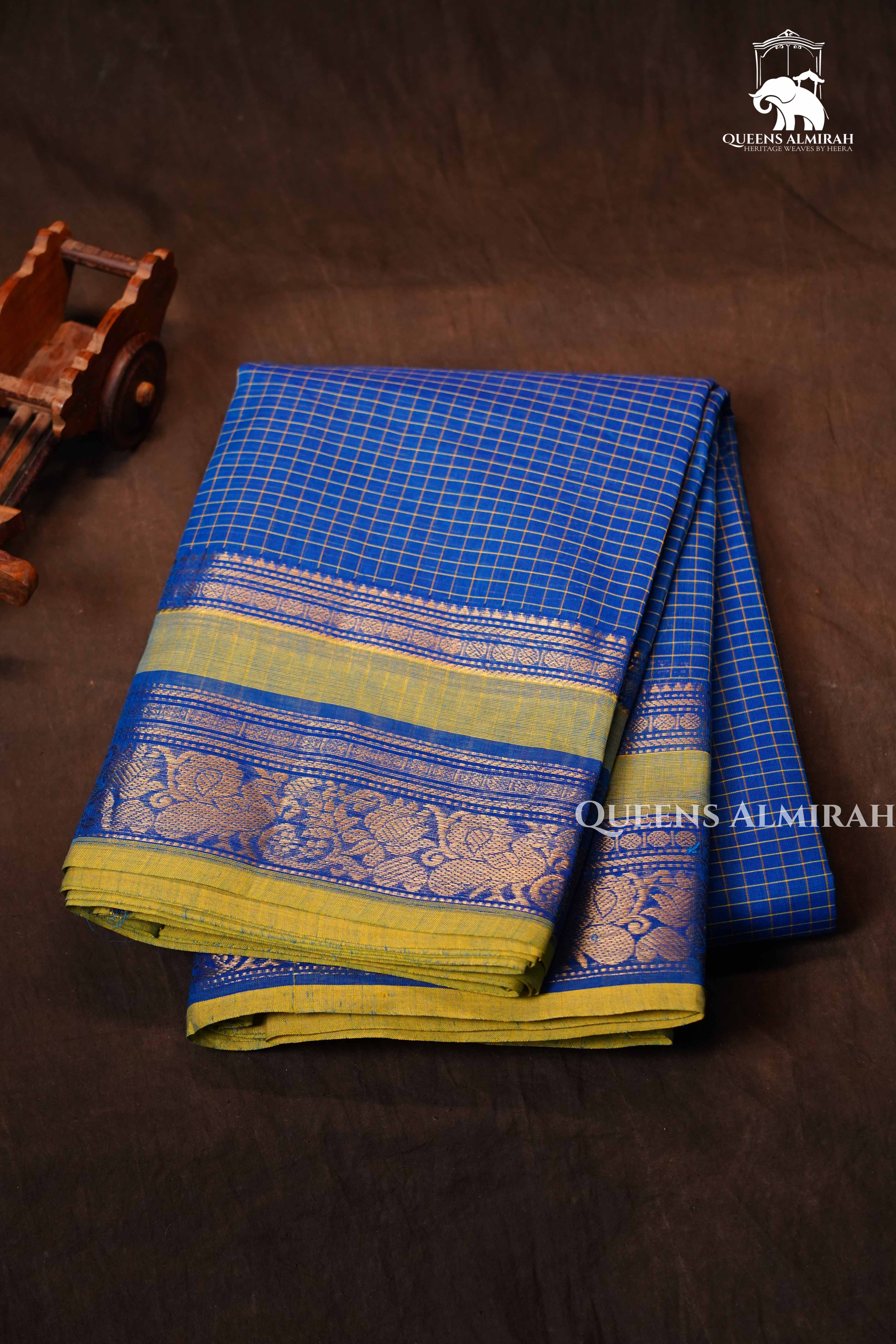 Royal Blue With Green Kanchi Cotton Saree 1