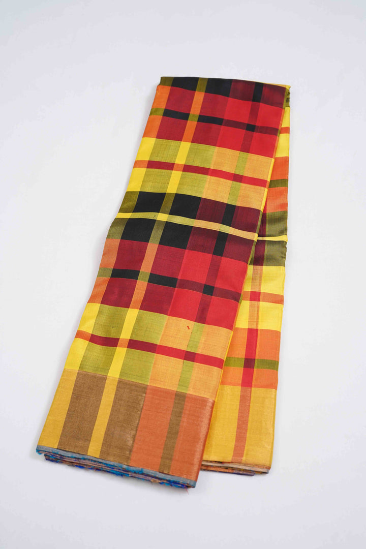 MULTICOLOR CHECKED PURE KANCHIVARAM SILK SAREE - Queens Jewel Emporium