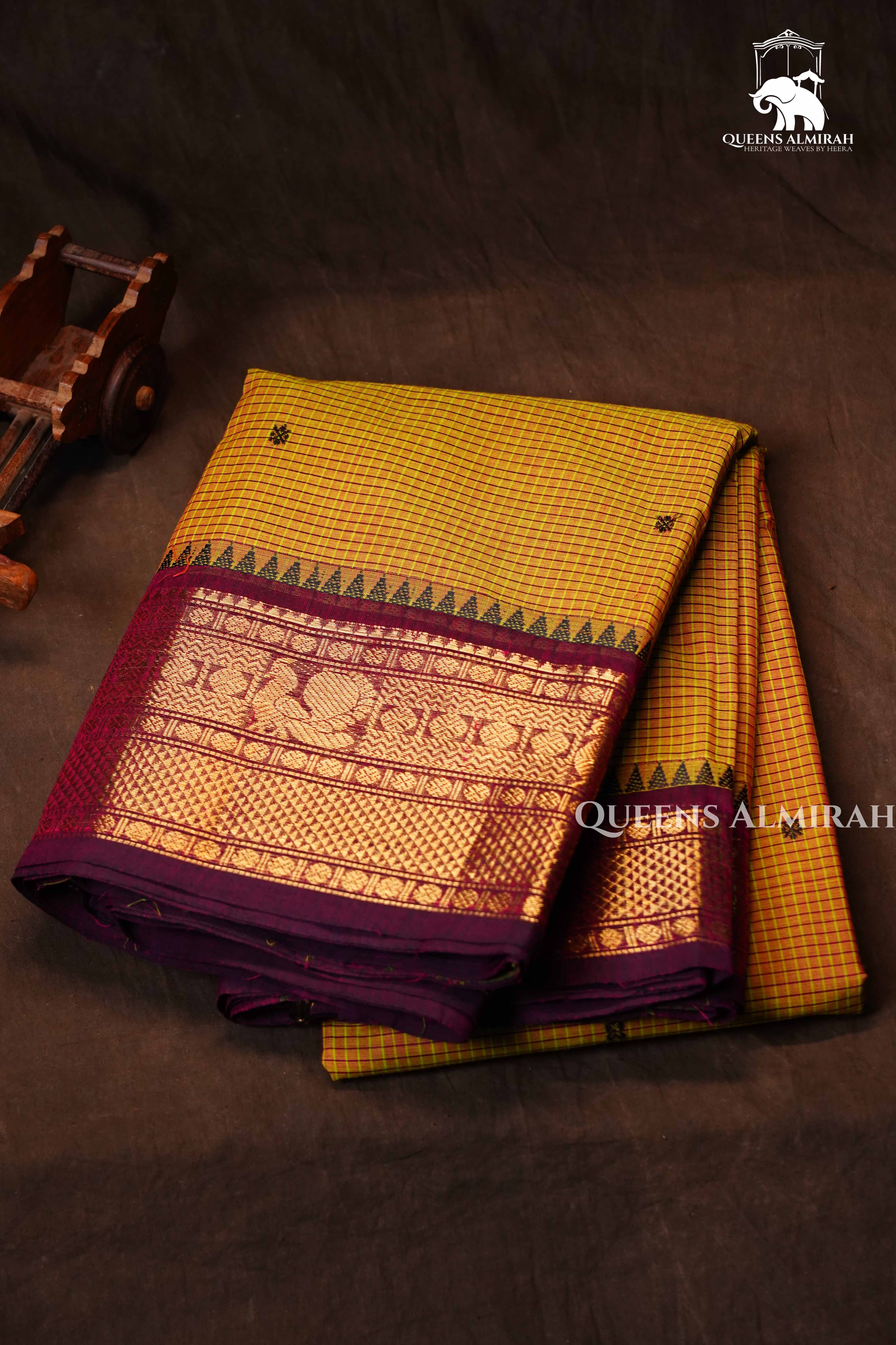 Mustard Yellow With Wine Red Kanchi Cotton Saree