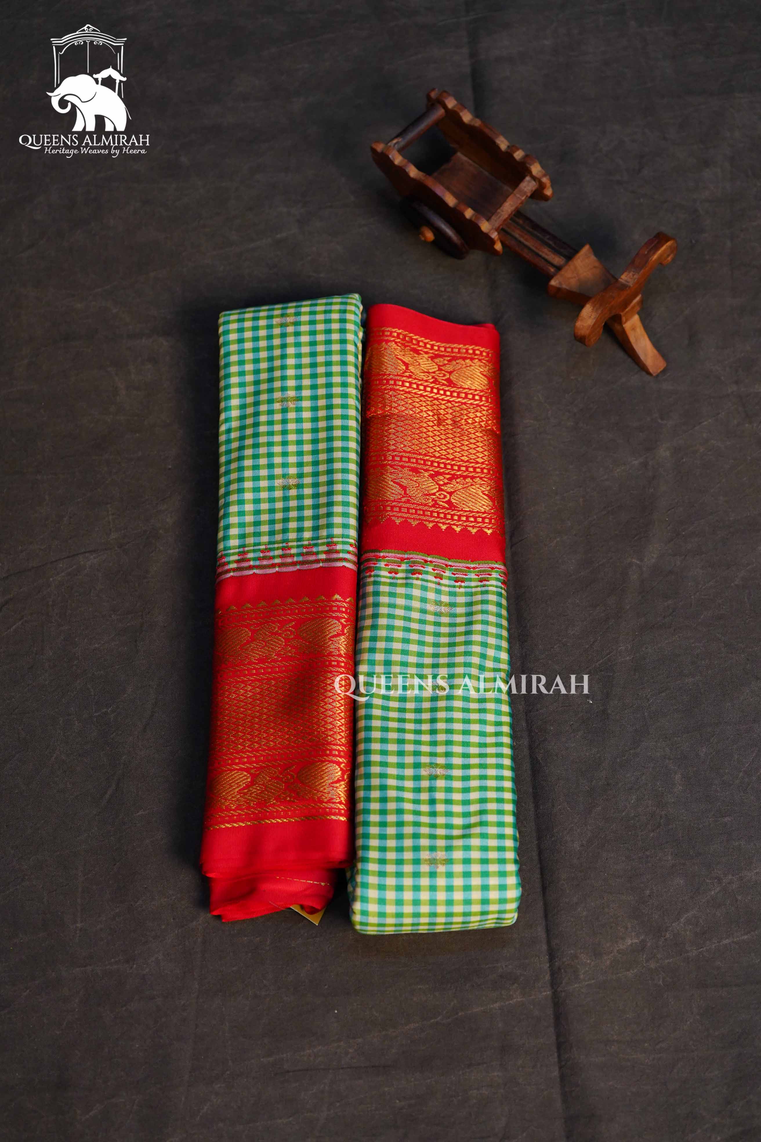 Green And Yellow Kattam With Red Border Semi Gadwal Silk Saree