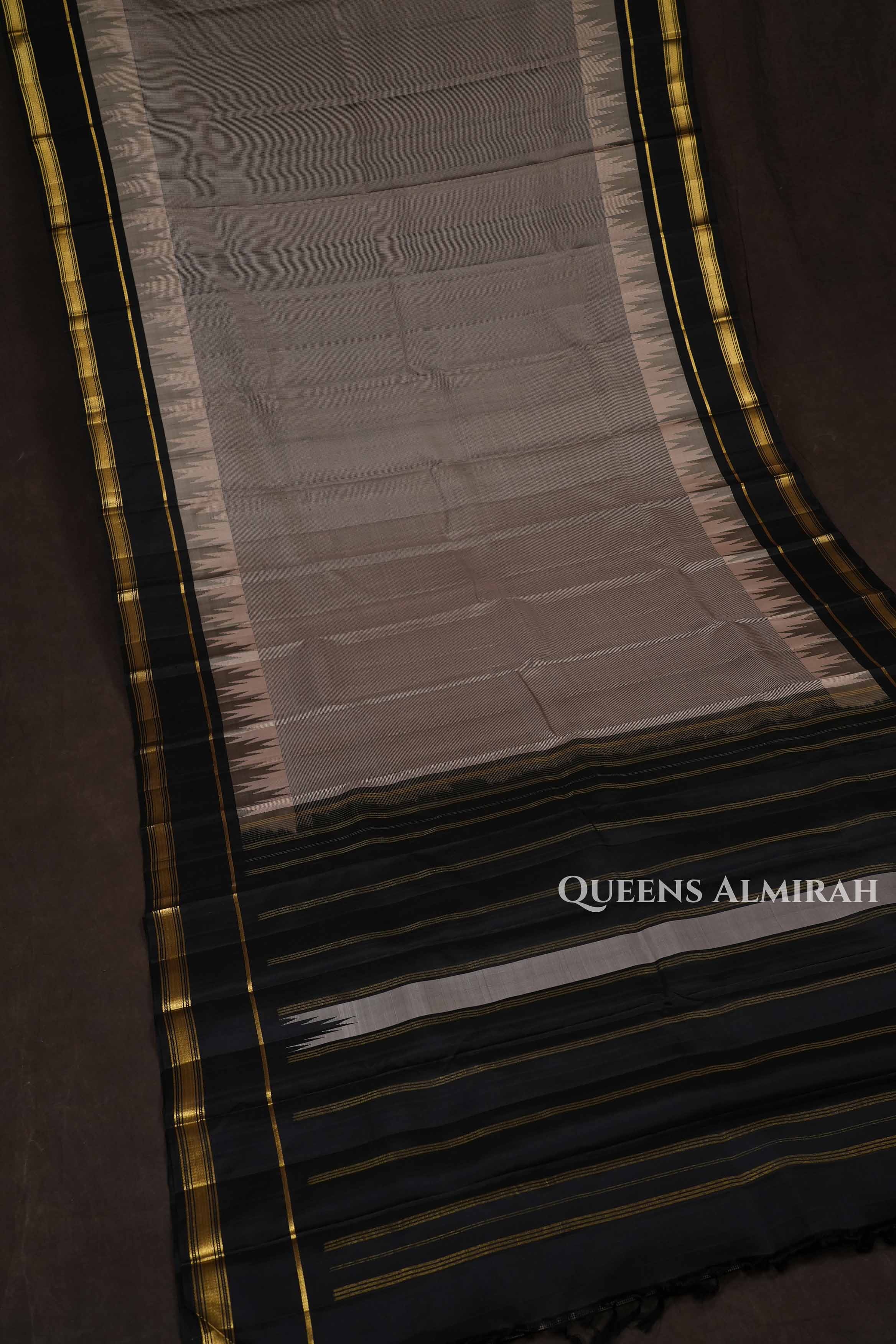 Ash Grey With Black Pure Kanchivaram Silk Saree
