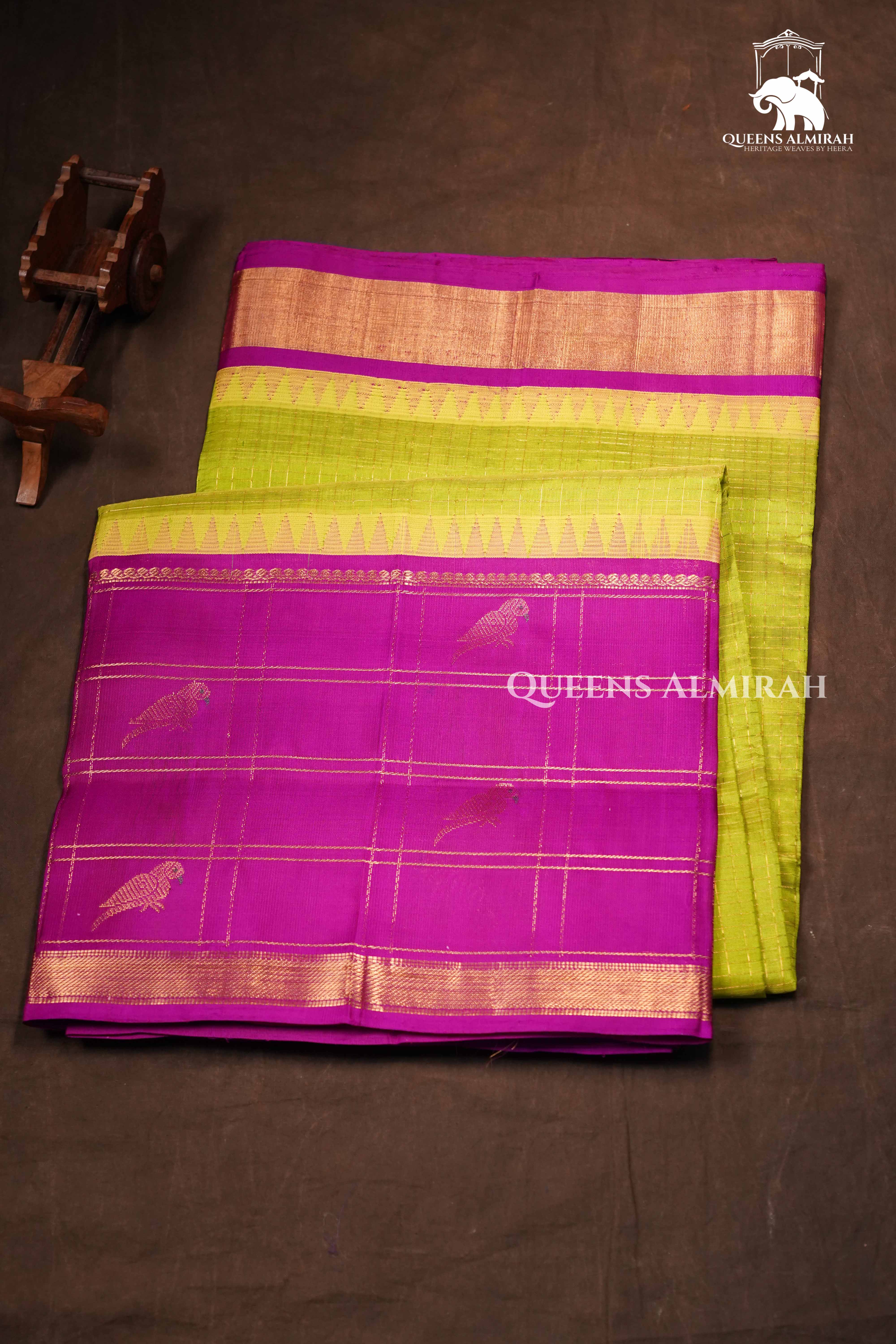 Parrot Green With Purple Pure Kanchi Silk Cotton Saree