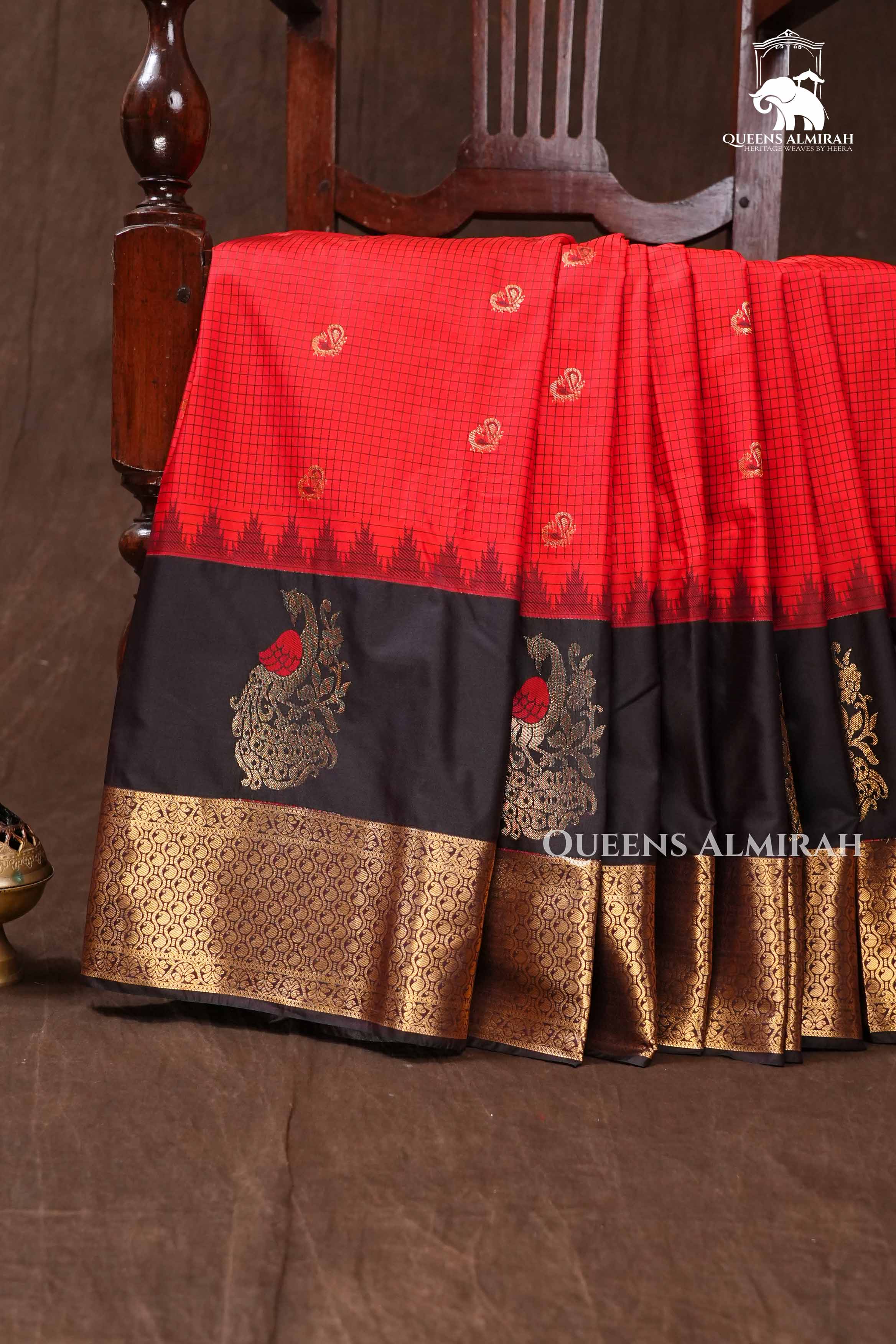 Dark Orange with Black Semi Gadwal Silk Saree