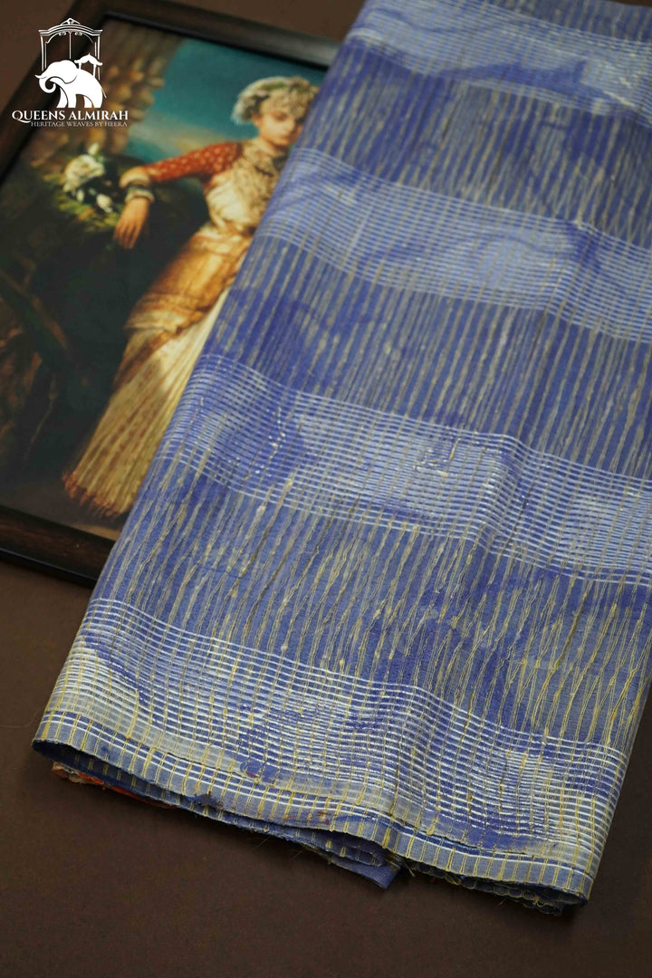 DUSKY BLUE MARBLE PRINT GHICHA ORAGANZA SAREE - Queens Jewel Emporium
