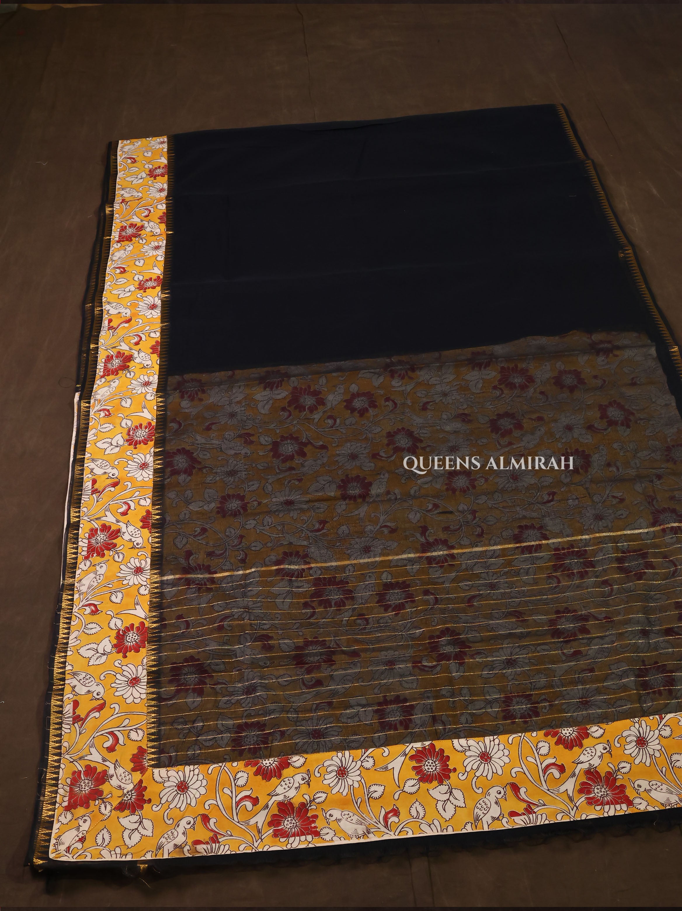 Black With Floral Border Mangalgiri Cotton saree