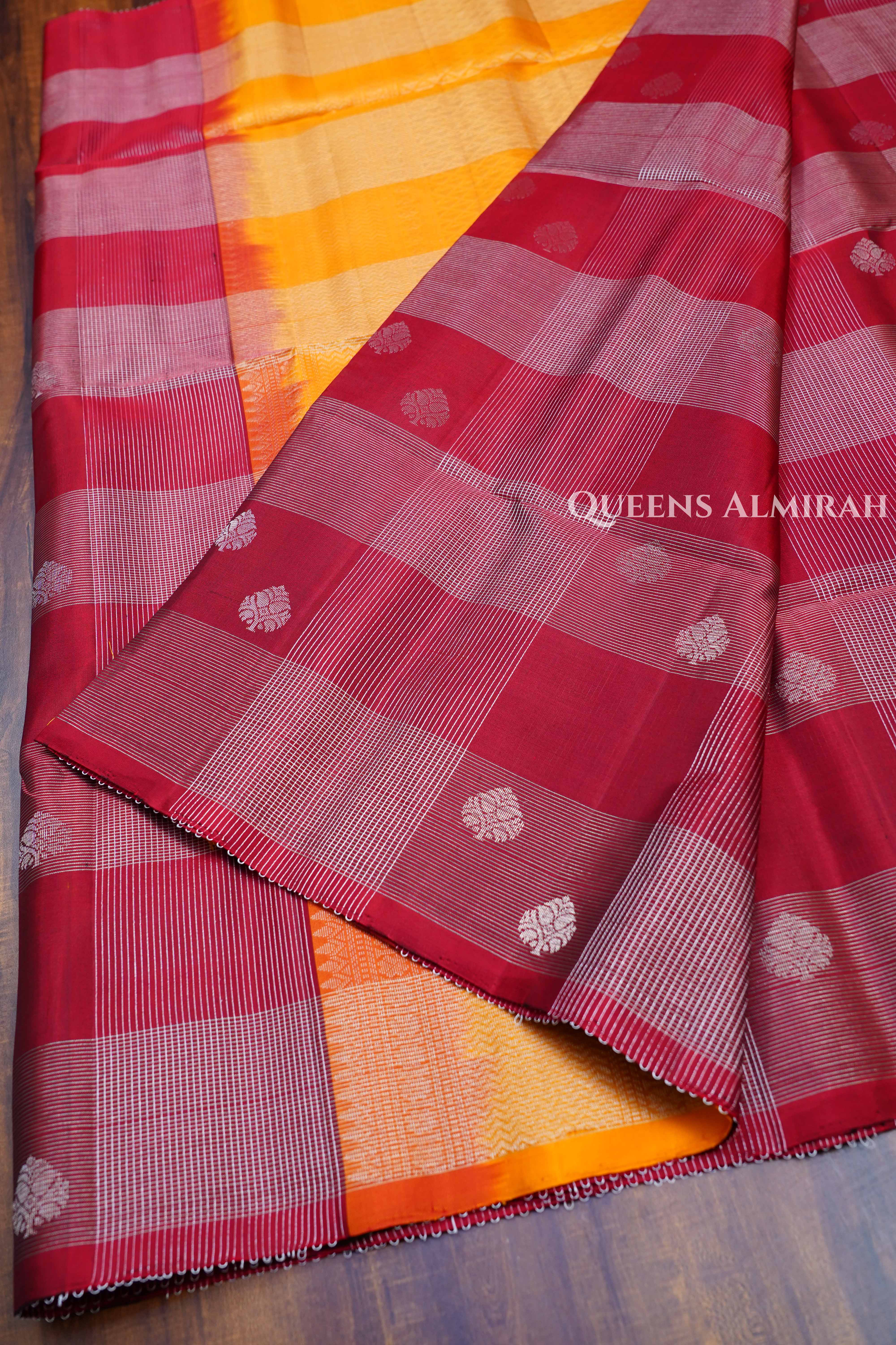 Wine Red With Yellow Pure Soft Silk Saree