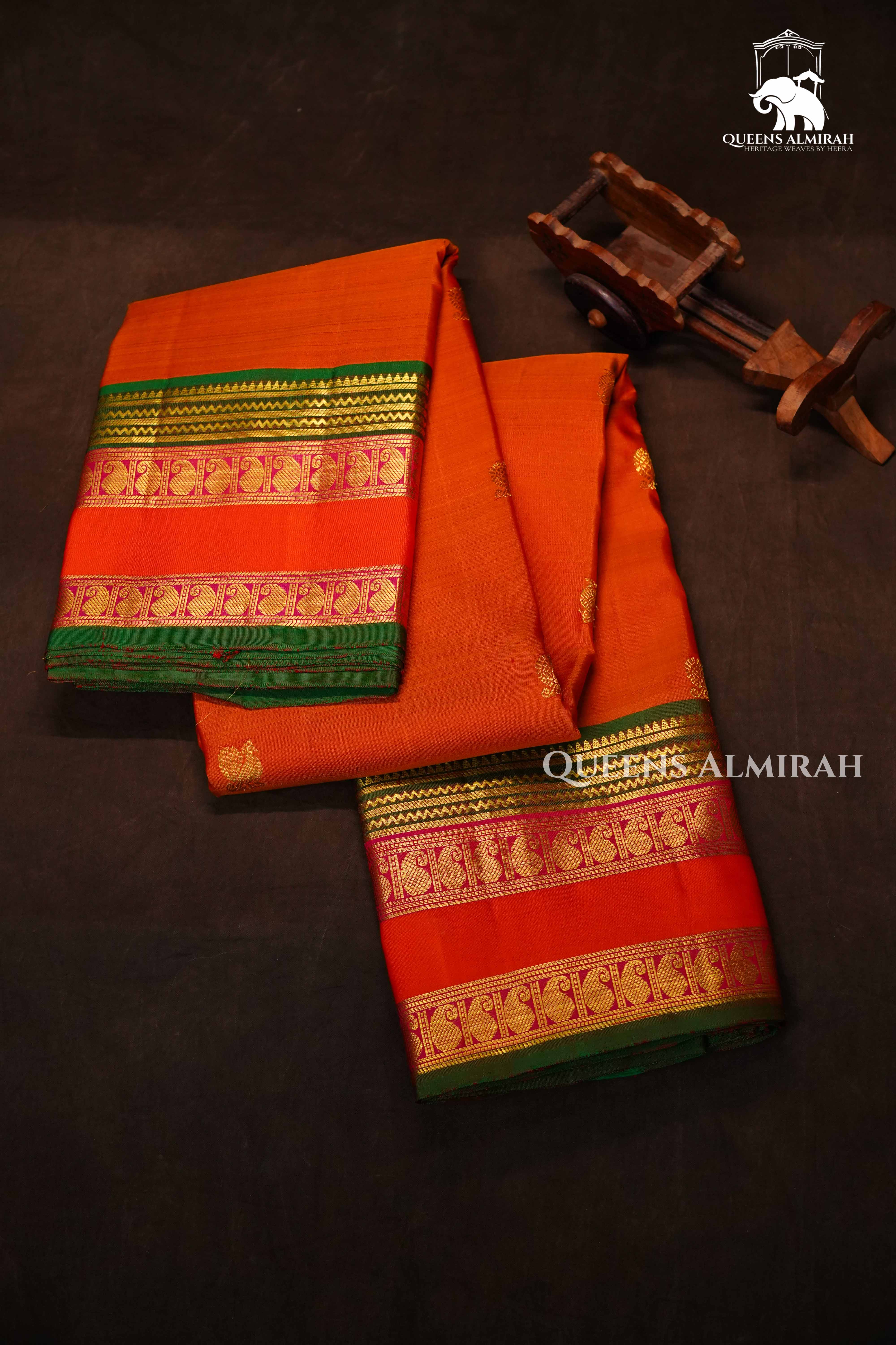 Apple Blossom With Leaf Green Pure Kanchivaram Silk Saree