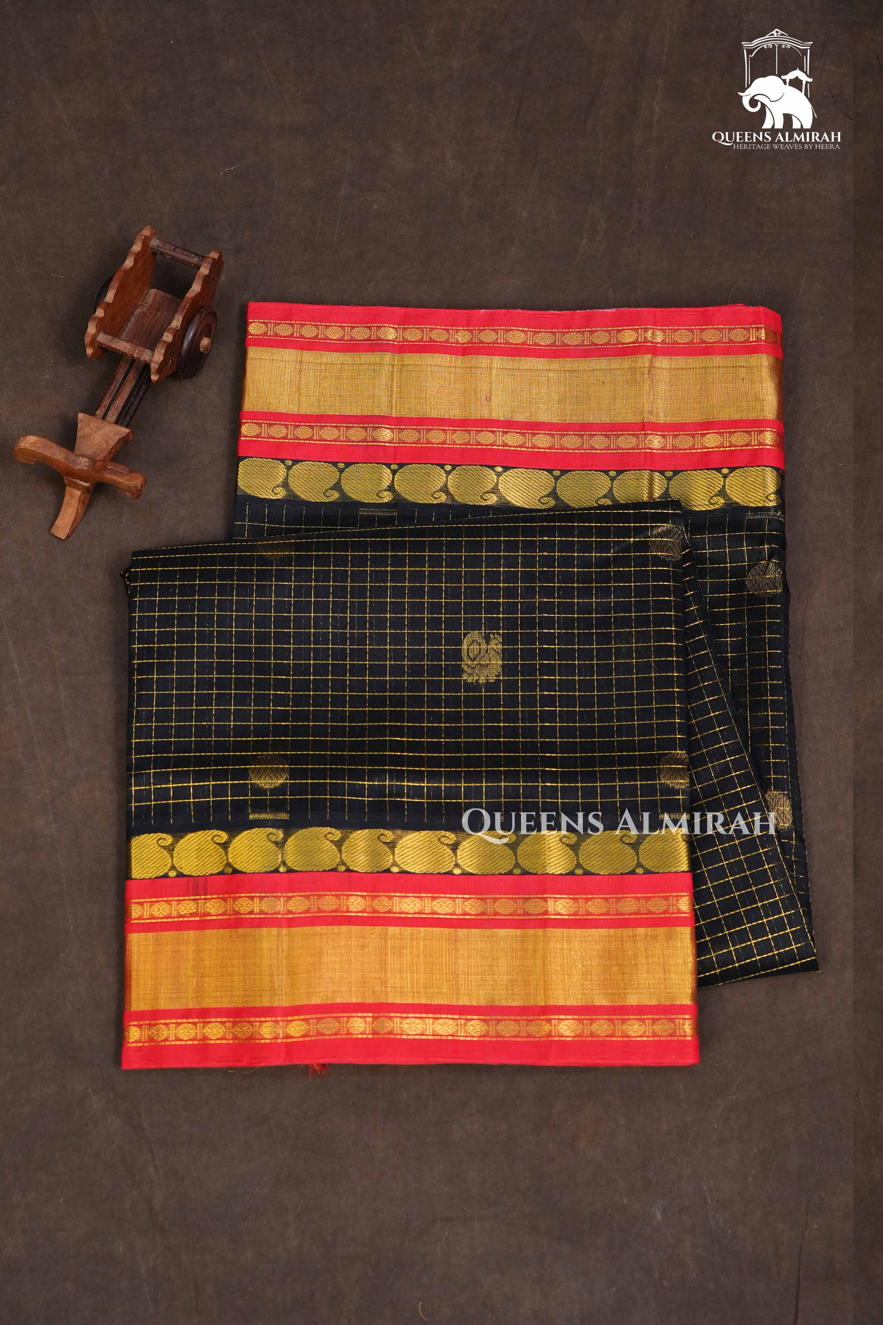 Black Kattam With Red Pure Silk Cotton Saree