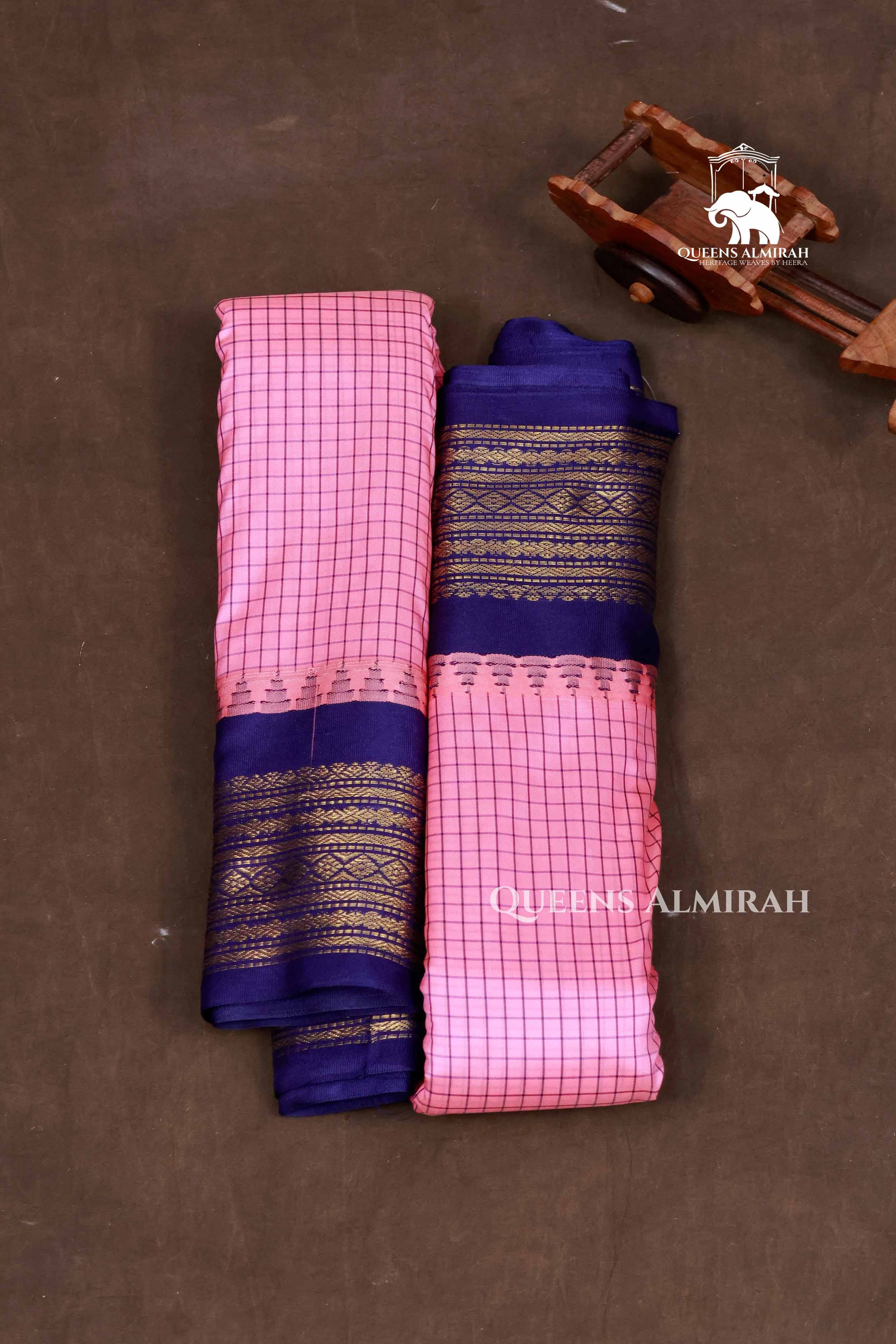 Baby Pink Kattam With Navy Blue Semi Gadwal Silk Saree