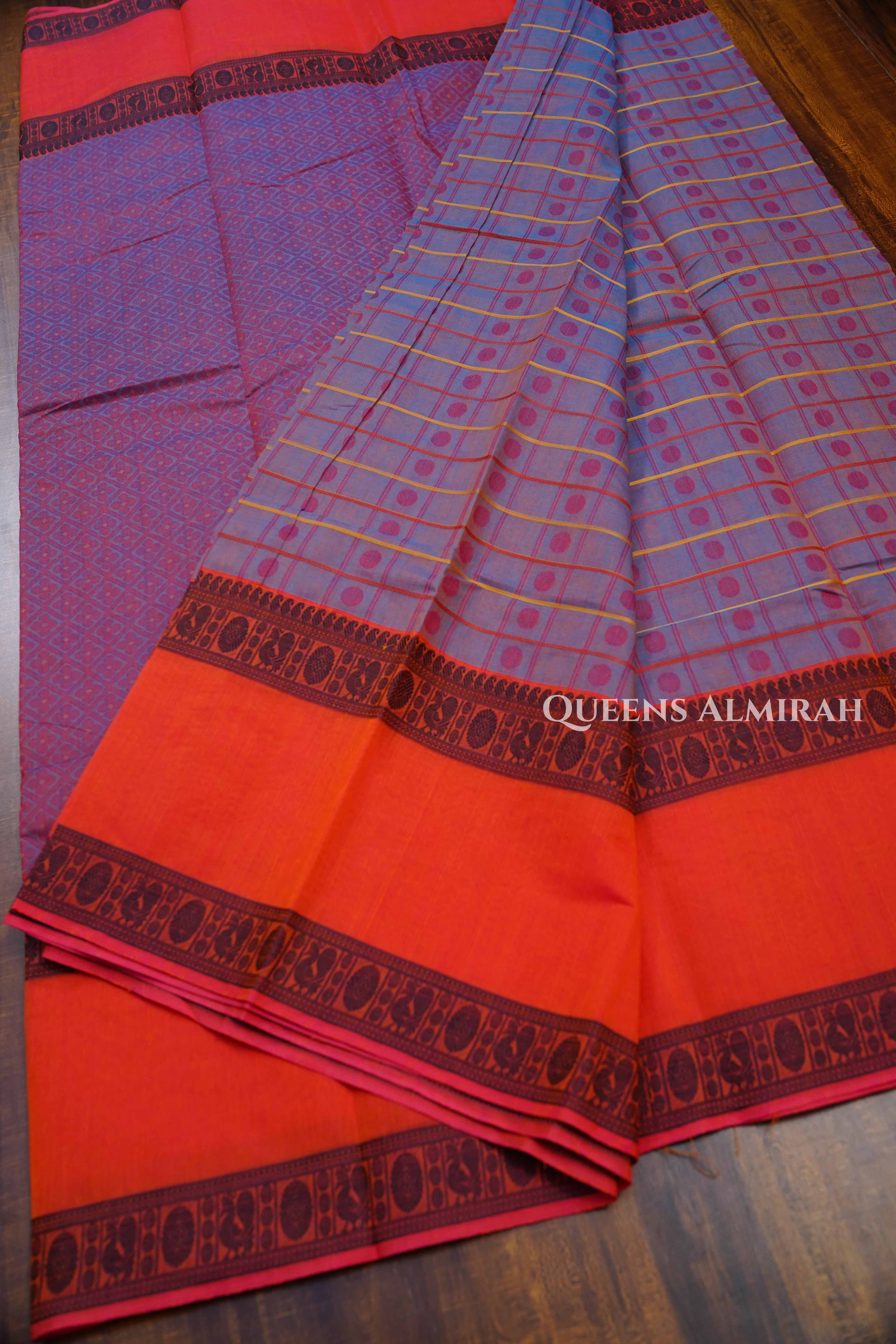 Dusky Purple With Orange  Chettinad Cotton Saree