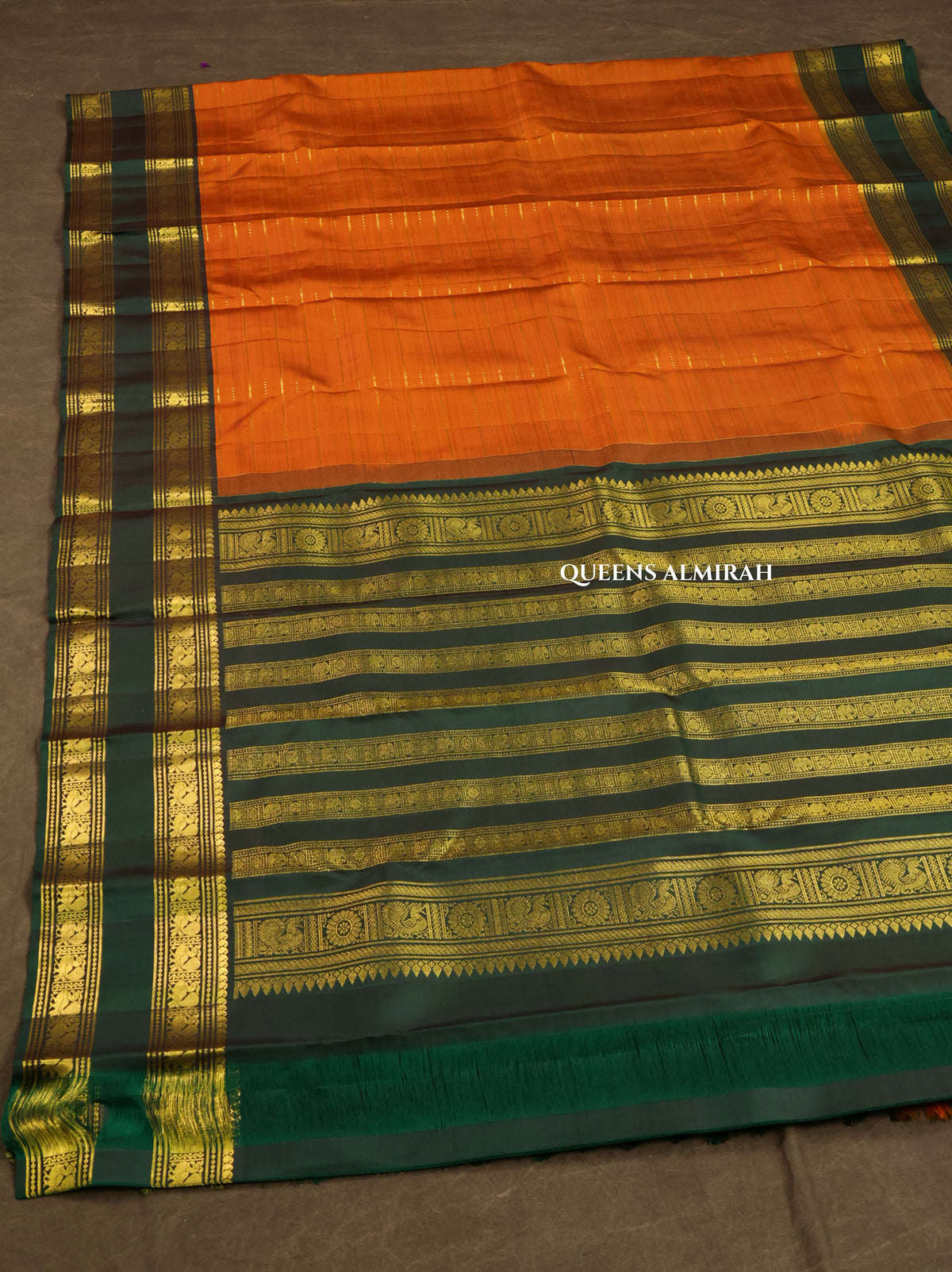 Honey Brown With Dark Bottle Green Pure Kanchivaram Silk Saree