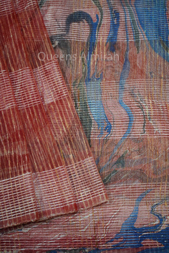 BROWN RUST MARBLE PRINT GHICHA ORGANZA SAREE - Queens Jewel Emporium