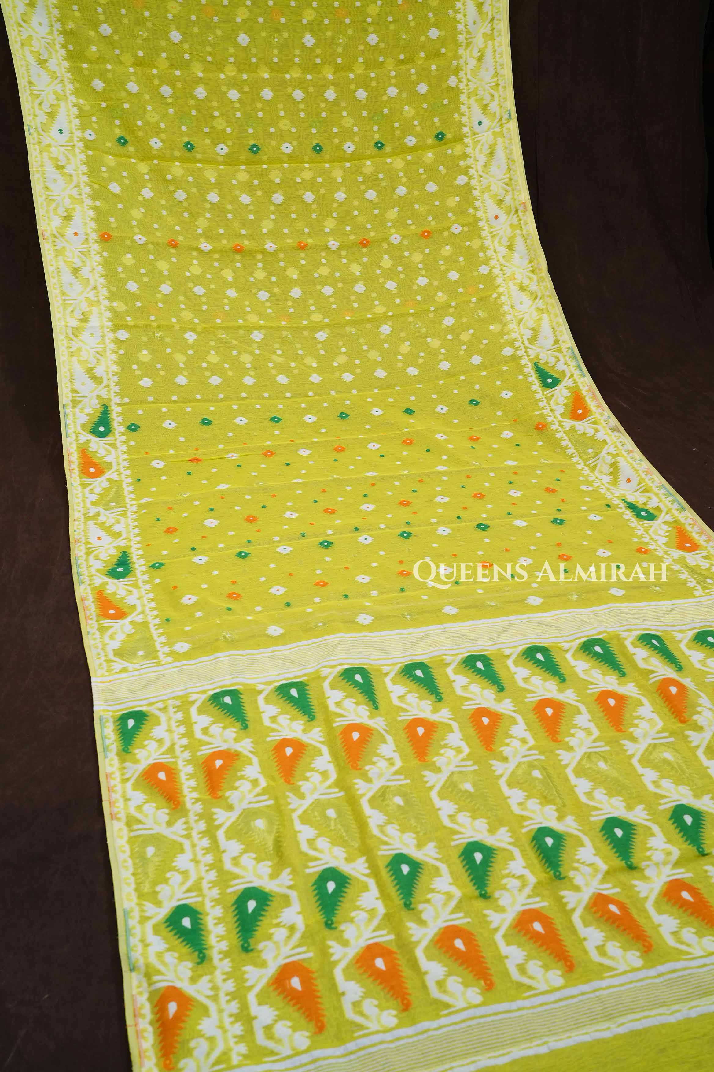 Lime Yellow Jamdani Cottoon Saree