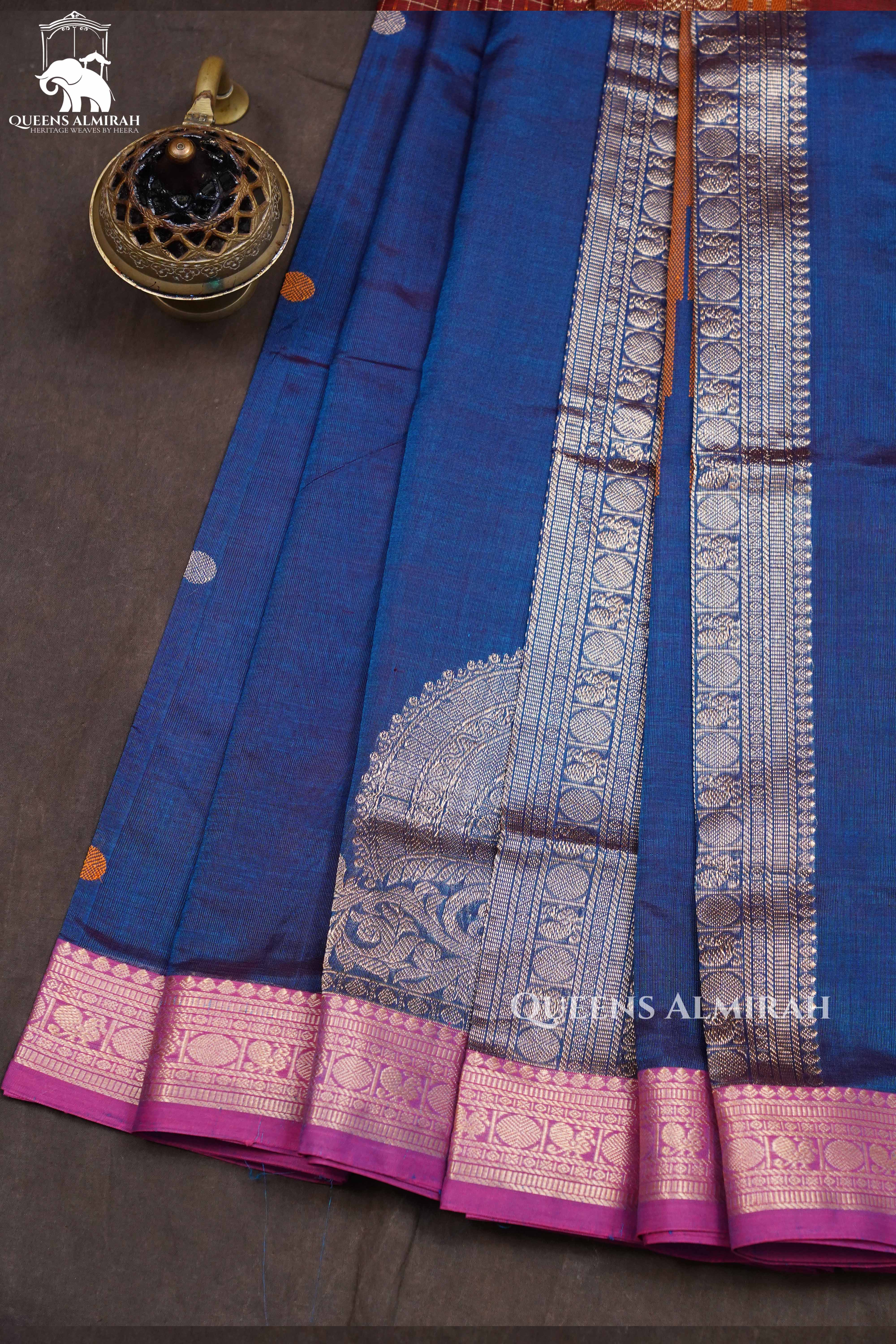 Light Navy Blue With Pink Chettinad Silk Cotton Saree