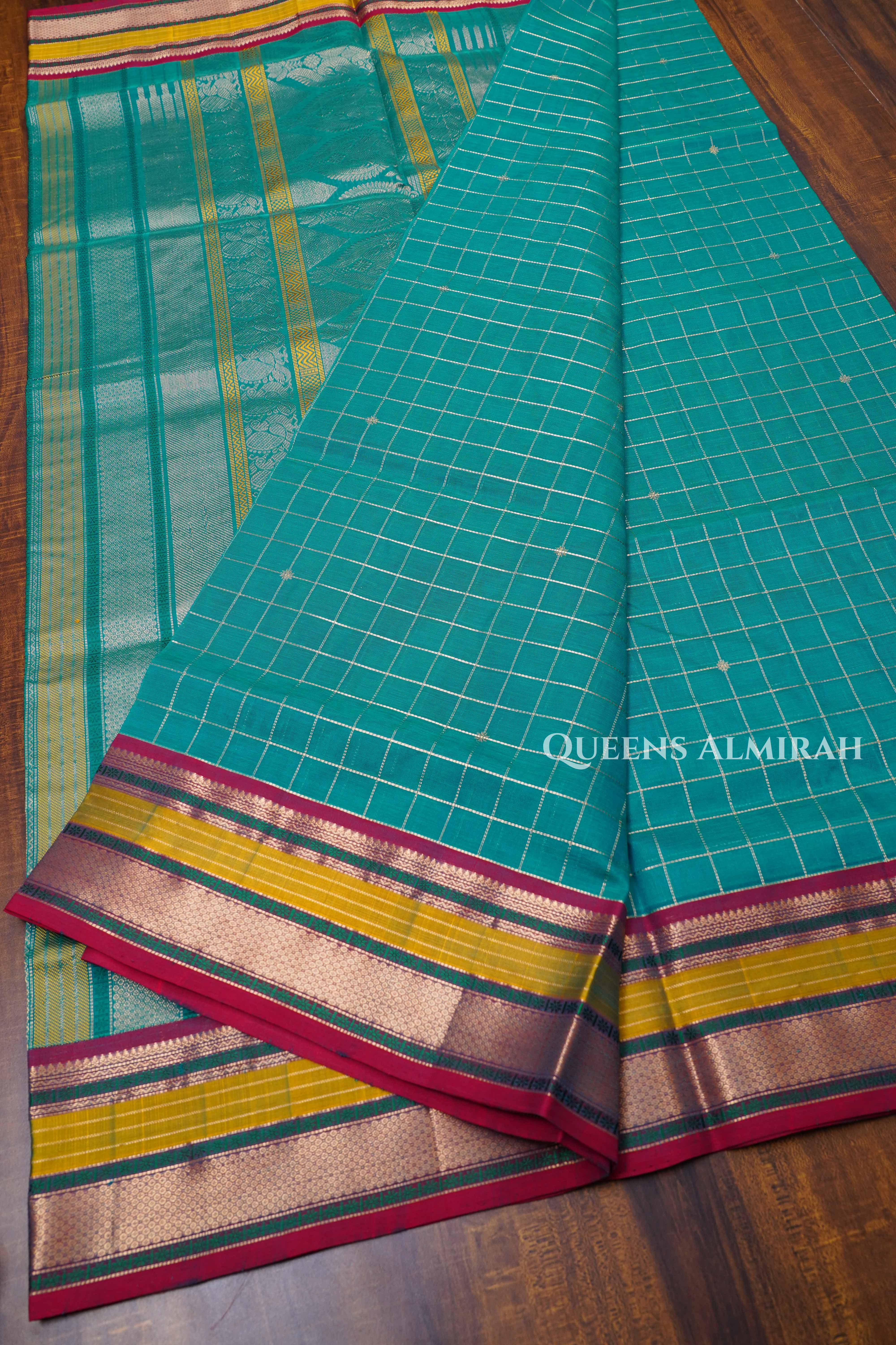 Bluish Green-Karaikudi Chettinad Silk Cotton Saree