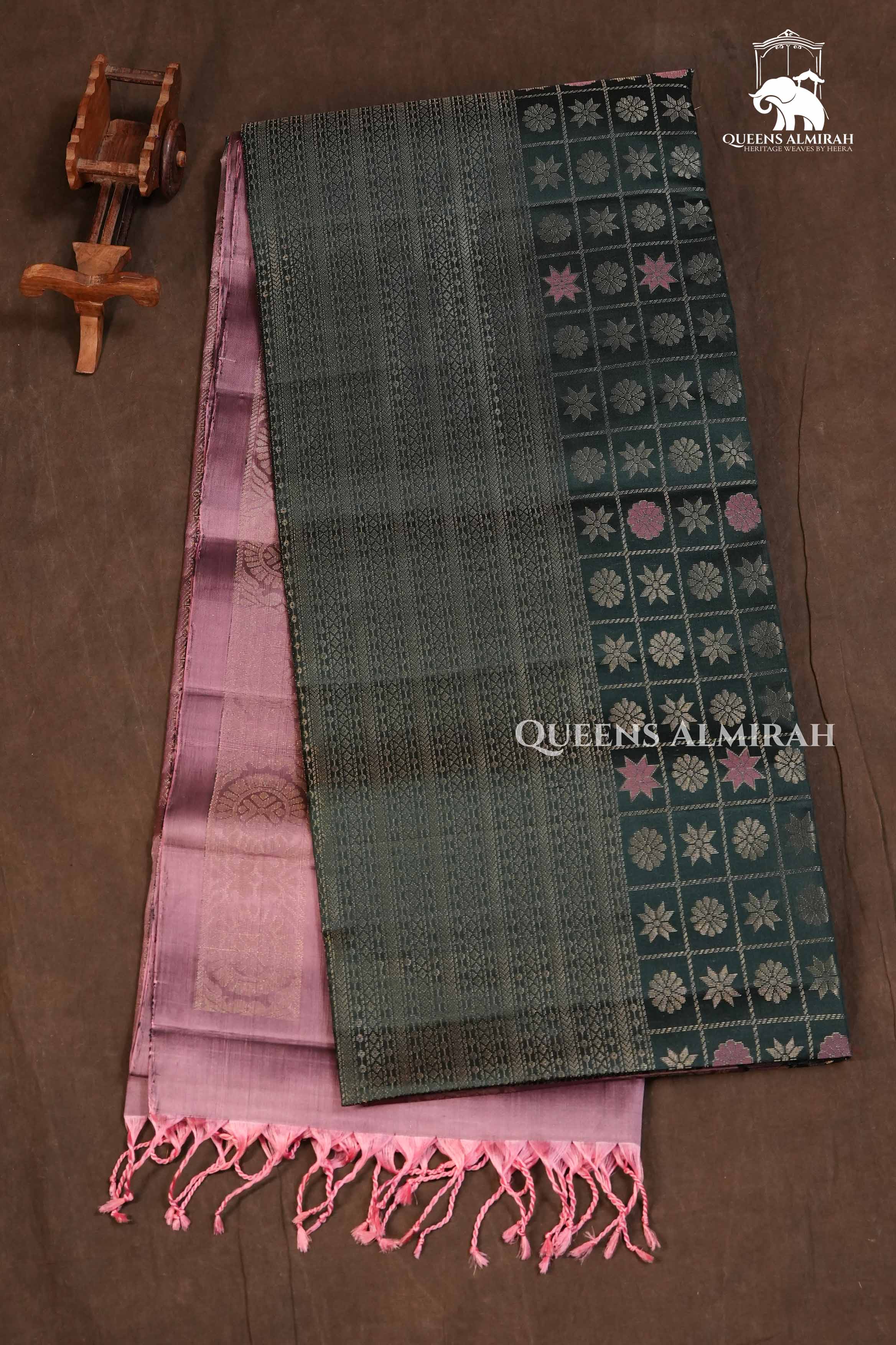 Dark Green With Onion Pink Pure Soft Silk Saree