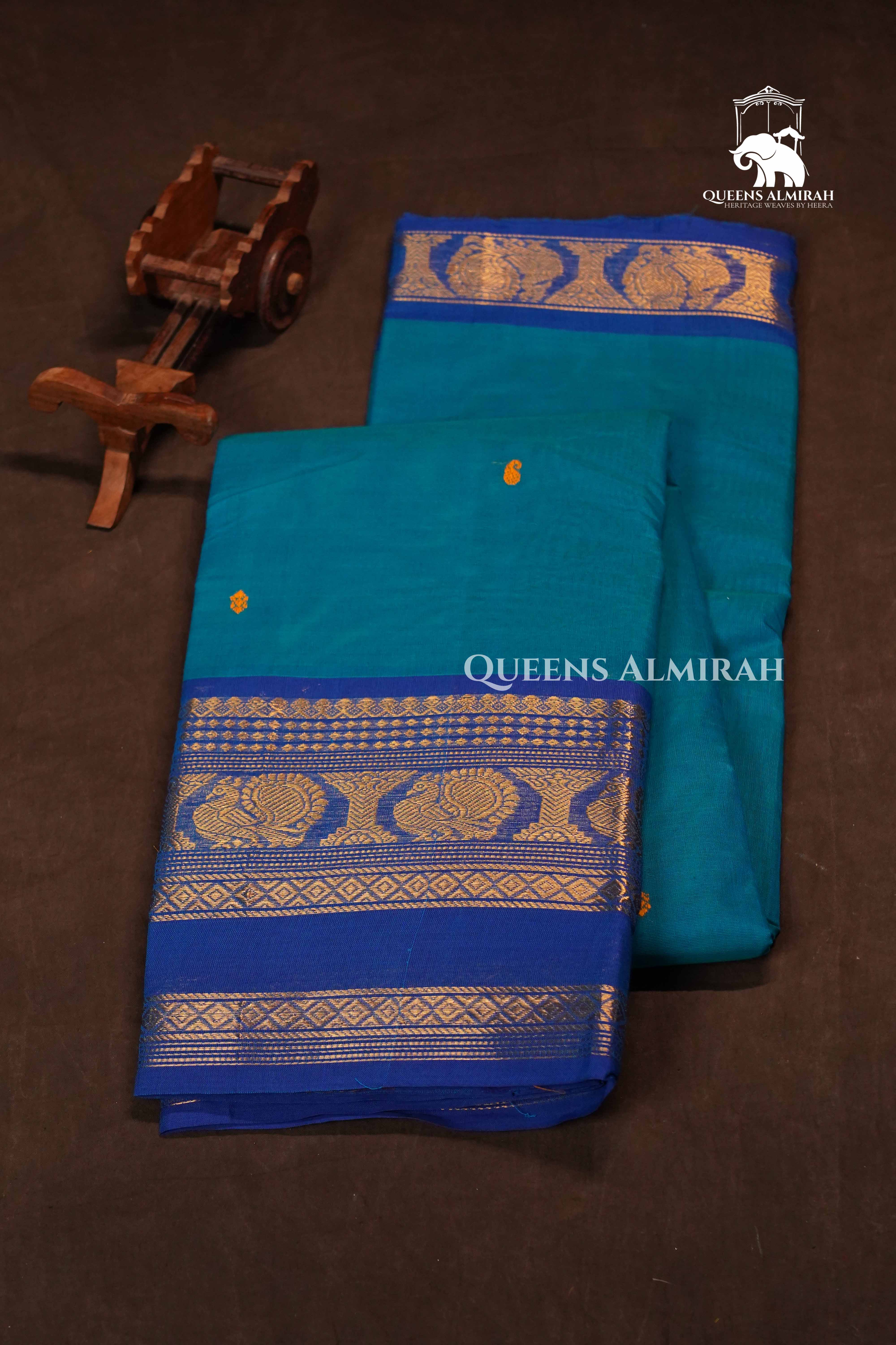 Teal Blue With Blue Kanchi Cotton Saree