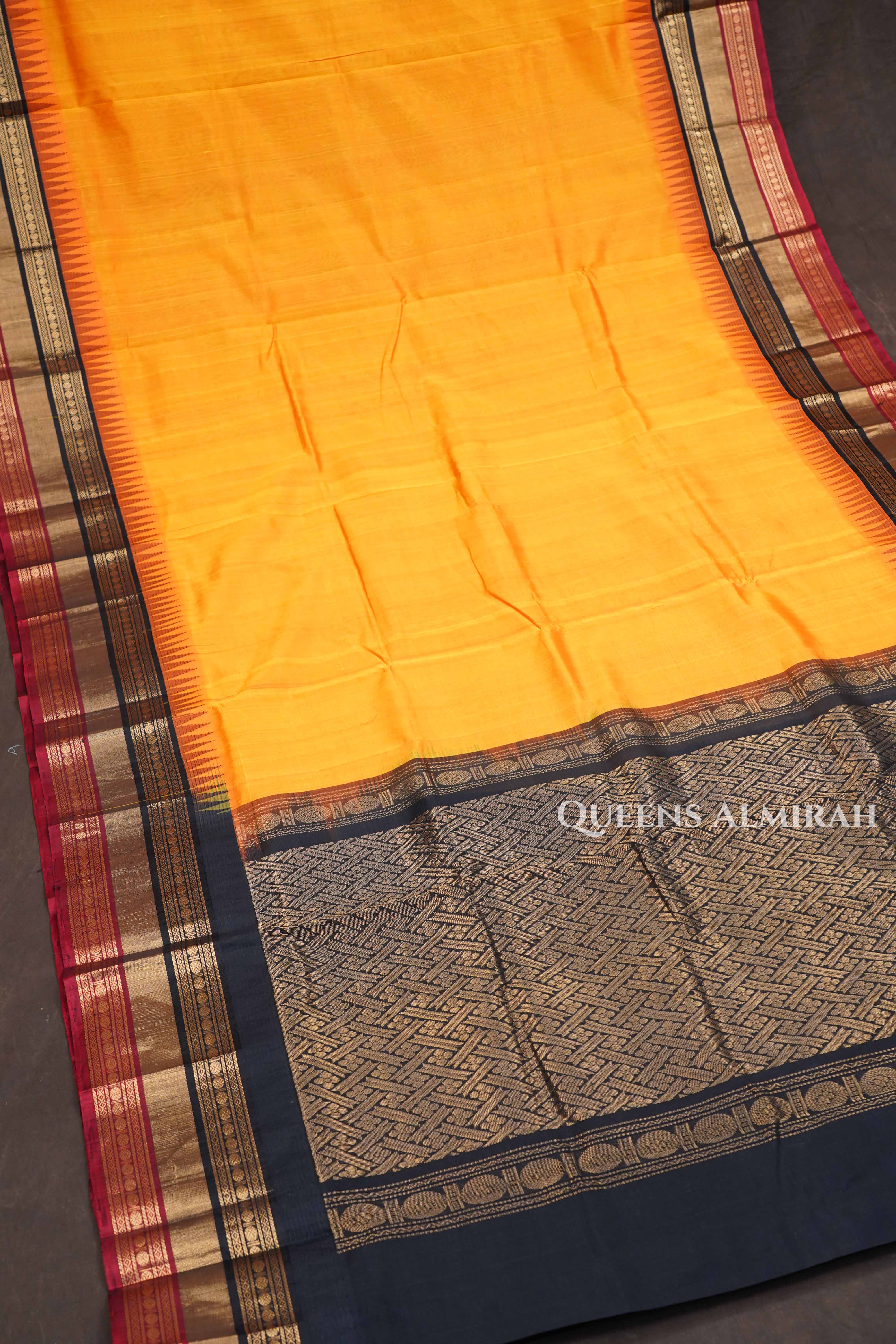 Orange With Maroon And Black Pure Silk Cotton Saree