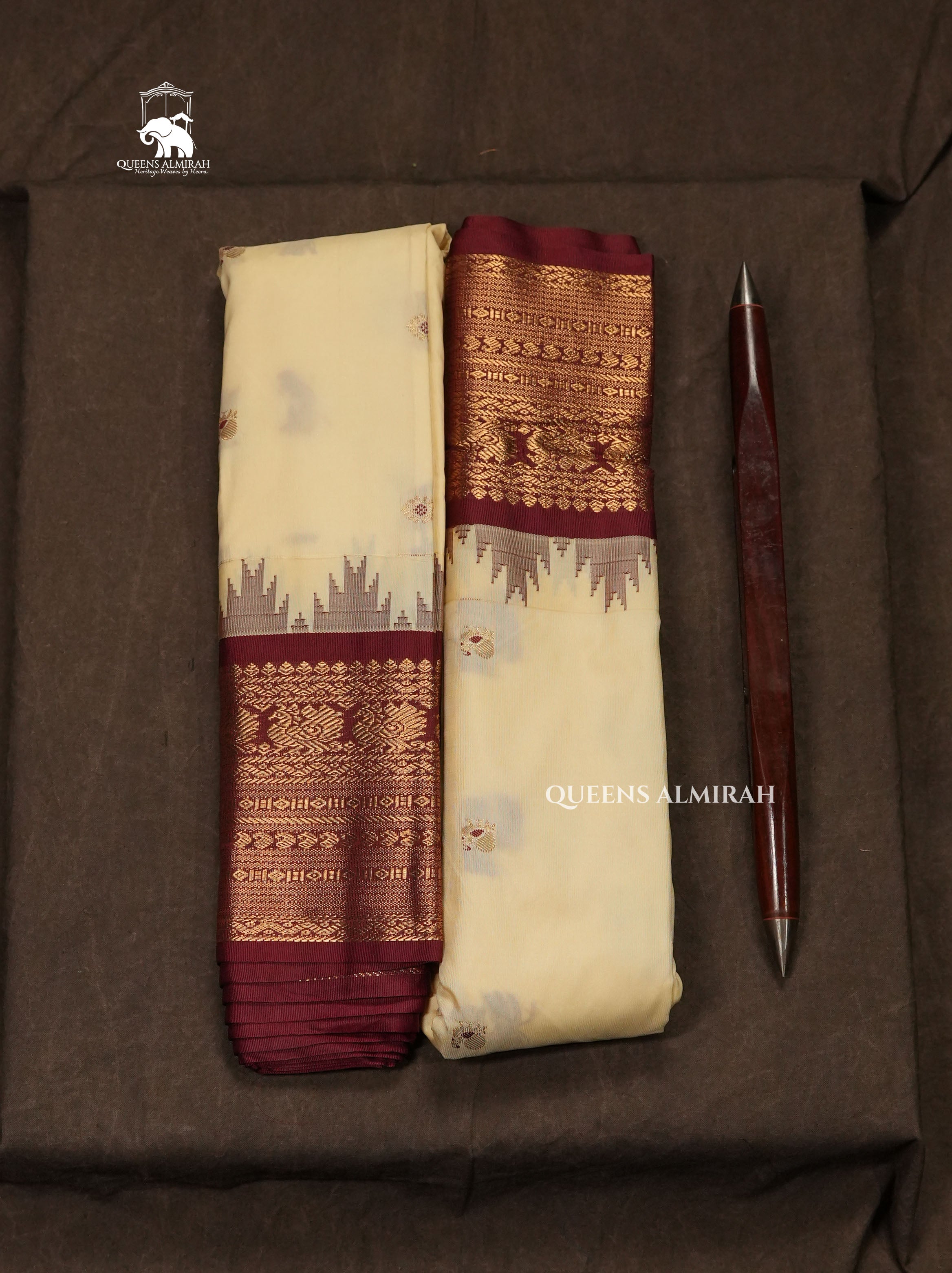 Off White With Brown Semi Gadwal Silk Saree