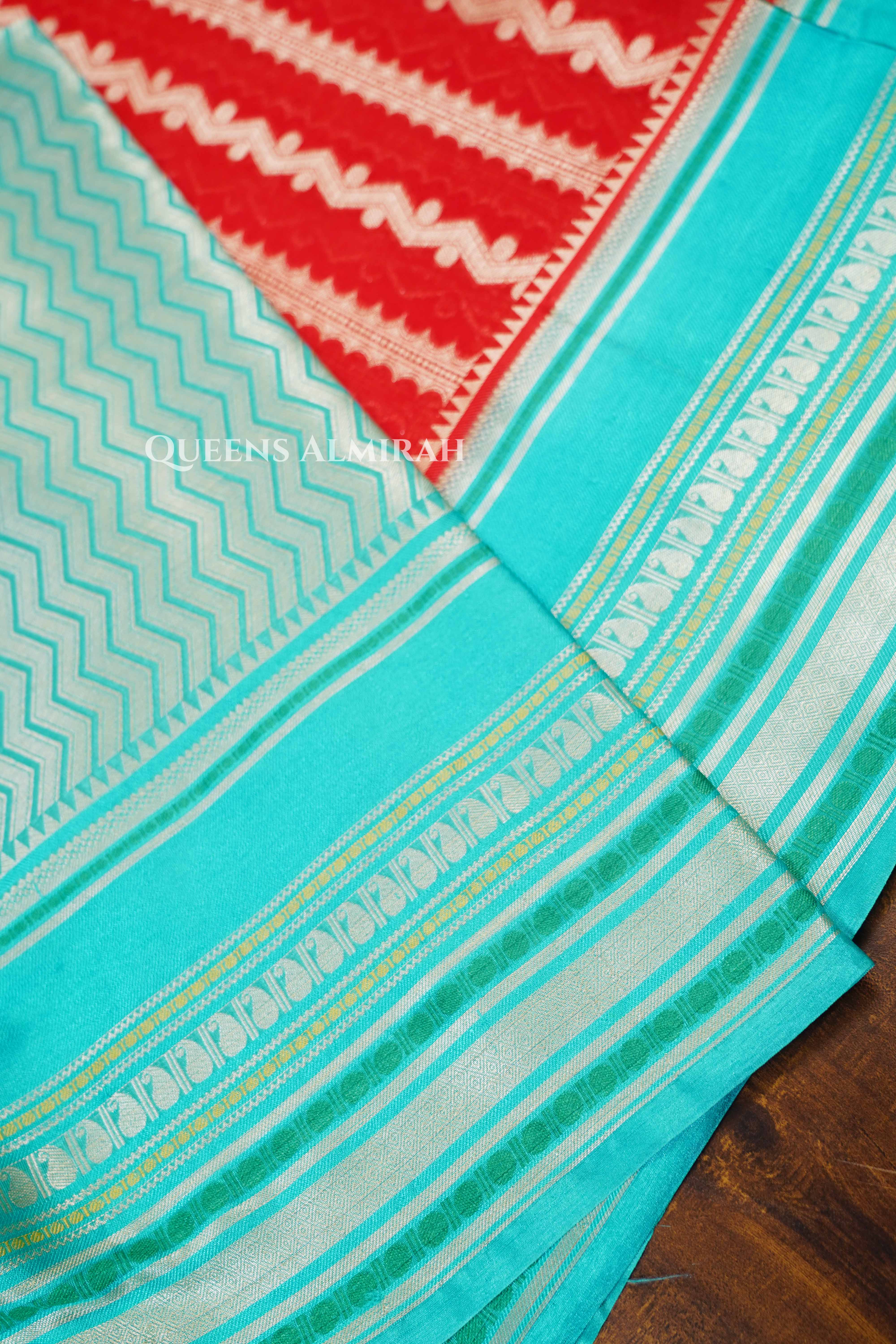 Coral Red With Turquoise Blue Semi Banarasi Silk Saree