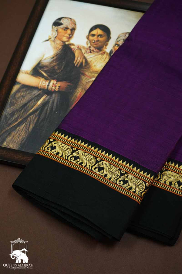 EGGPLANT PURPLE WITH BLACK BORDER NARAYANPET COTTON SAREE - Queens Jewel Emporium
