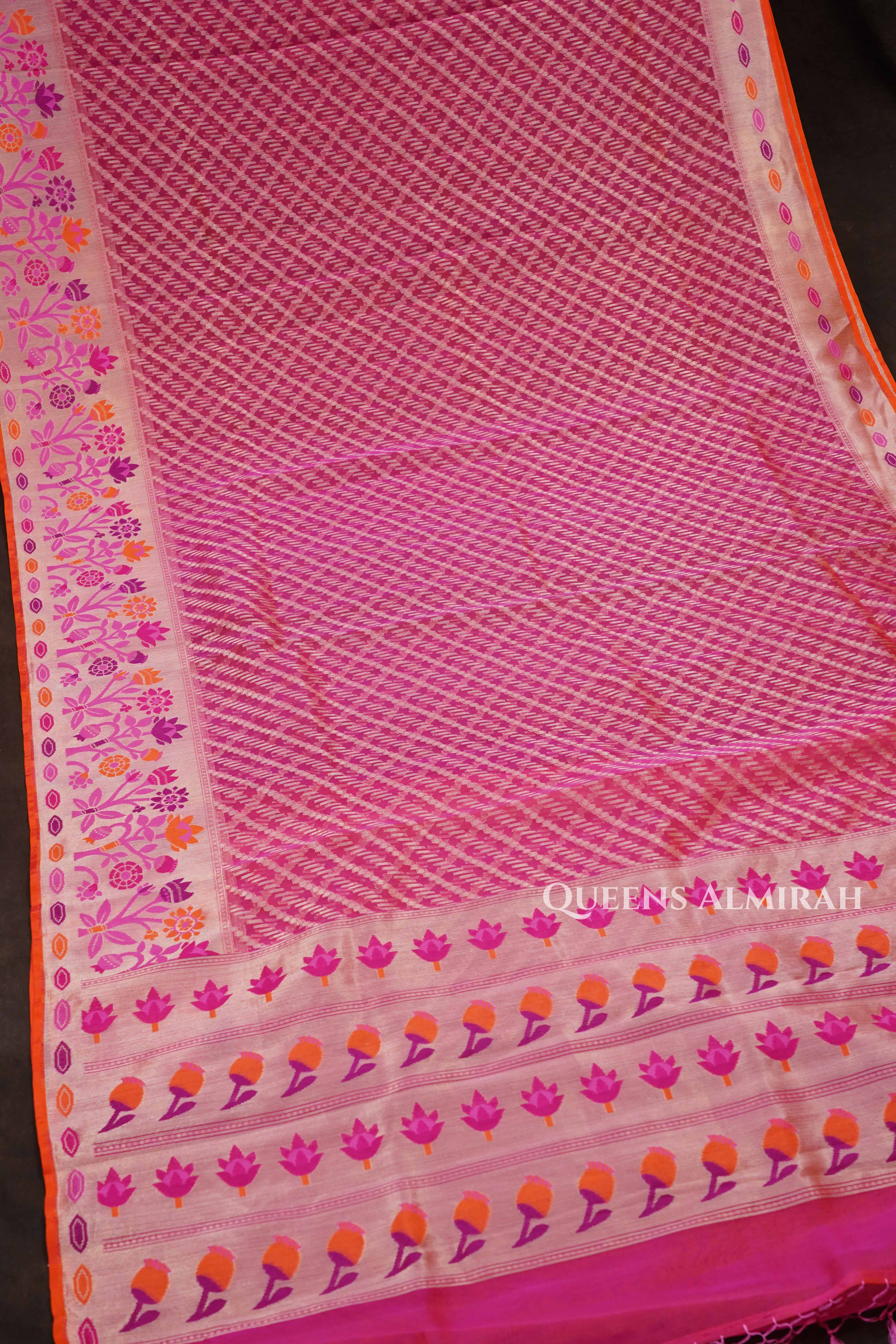 Pinkish Orange Banarasi Organza Silk Saree