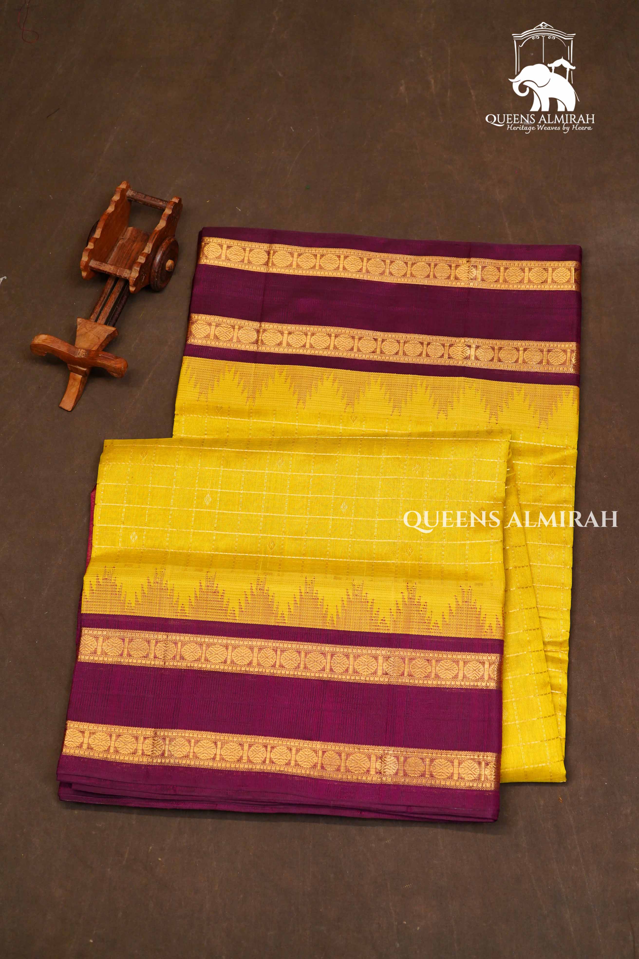 Lime Yellow Kattam Butta With Maroon Gap Border Pure Silk Cotton Saree