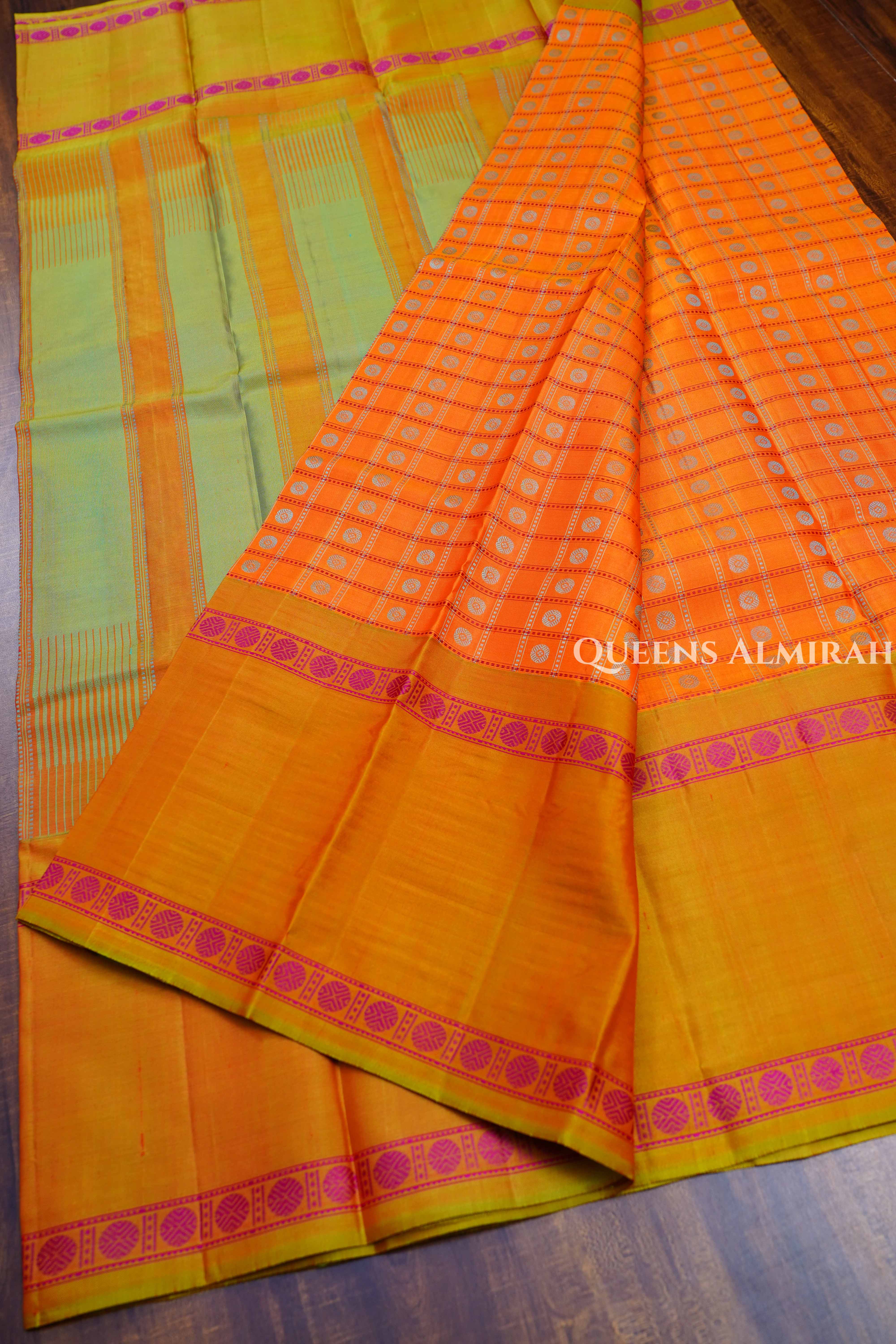Orange With Mustard Yellow Pure Kanchivaram Silk Saree