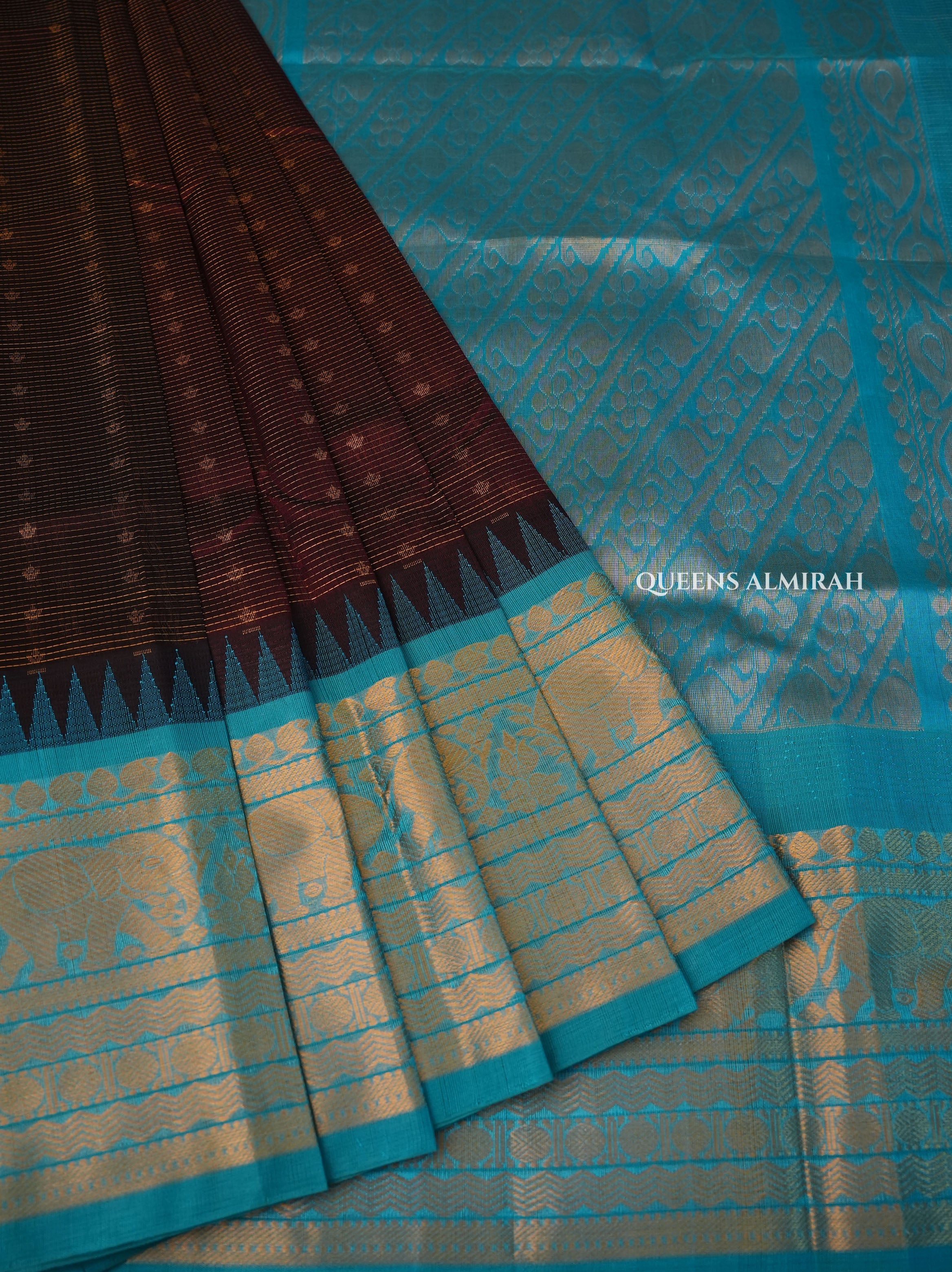 Dark Brown With Blue Pure Silk Cotton Saree